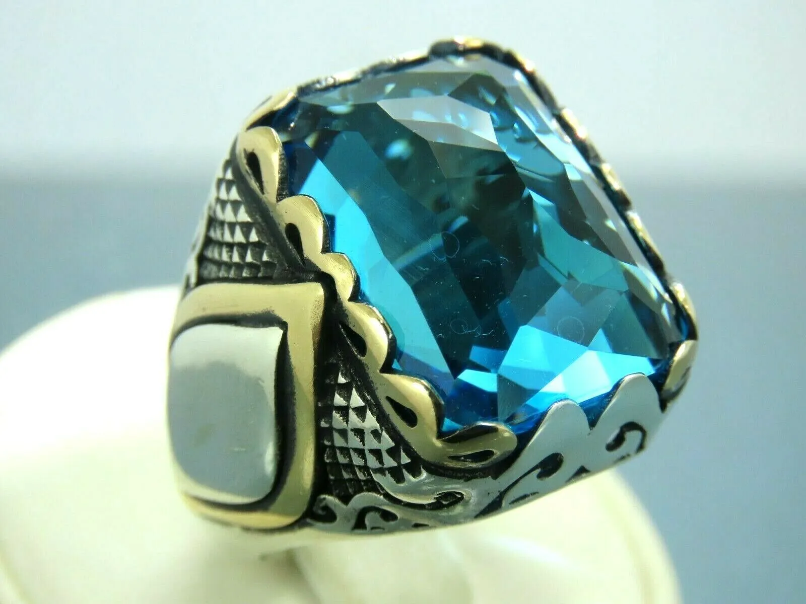 Turkish Handmade Jewelry 925 Sterling Silver Aquamarine Stone Mens Rings