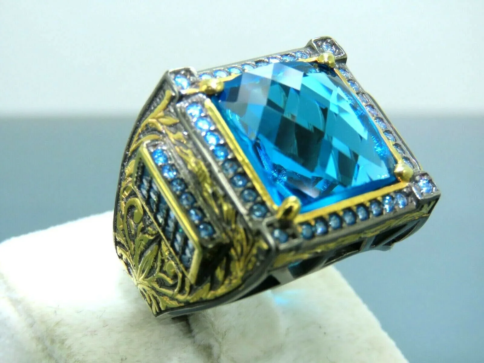 Turkish Handmade Jewelry 925 Sterling Silver Aquamarine Stone Mens Rings