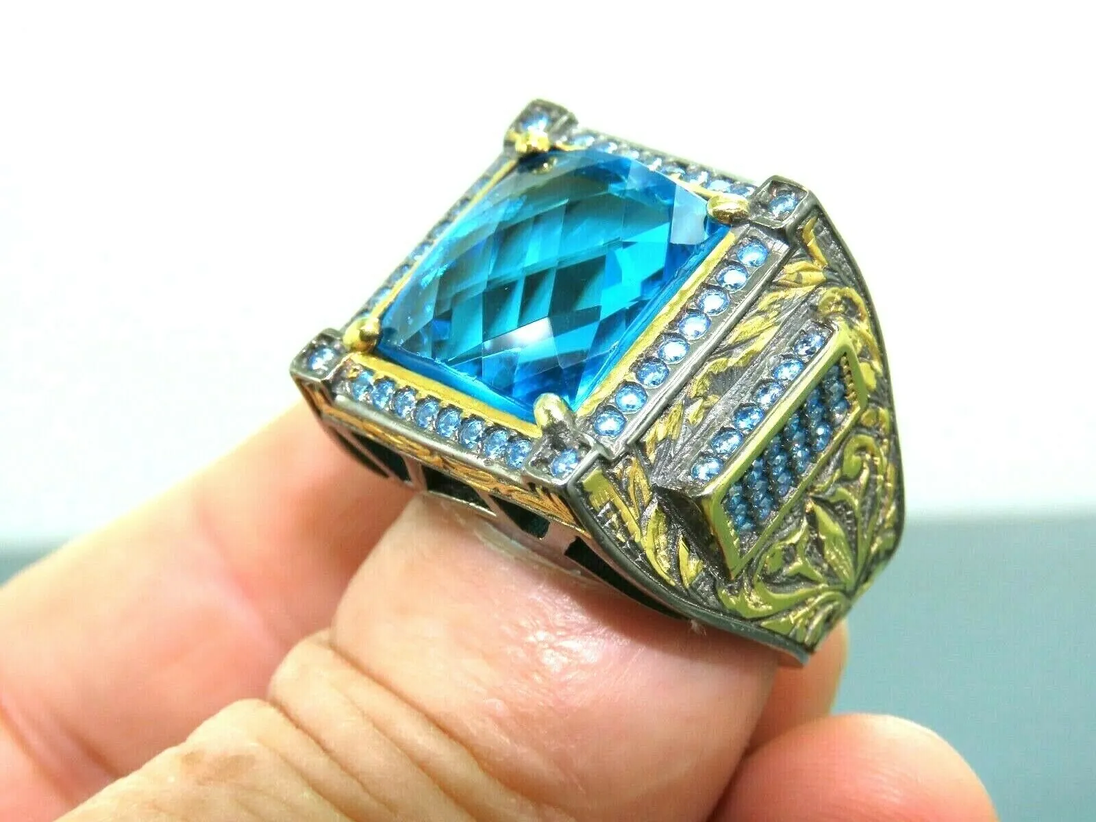 Turkish Handmade Jewelry 925 Sterling Silver Aquamarine Stone Mens Rings