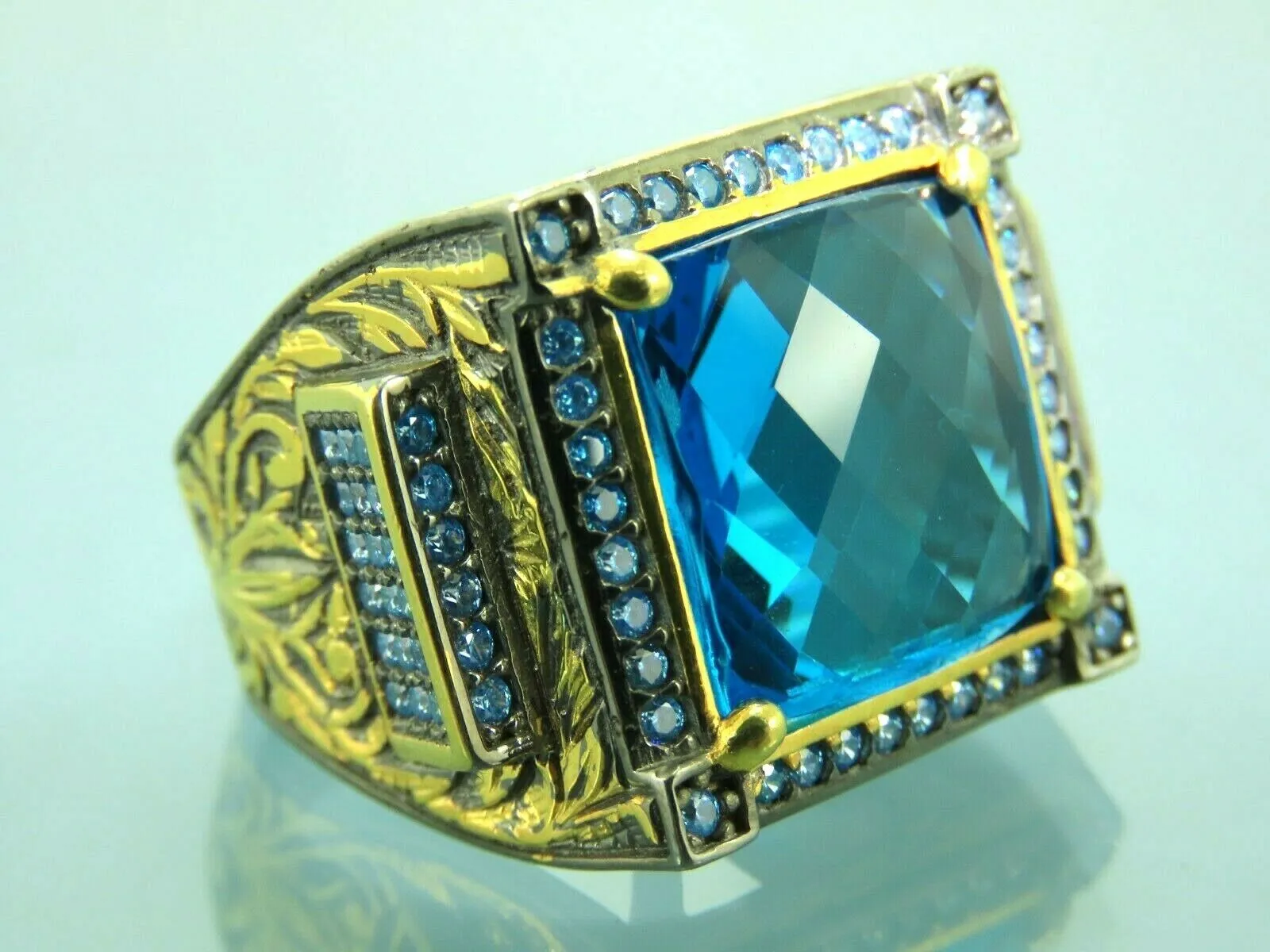 Turkish Handmade Jewelry 925 Sterling Silver Aquamarine Stone Mens Rings