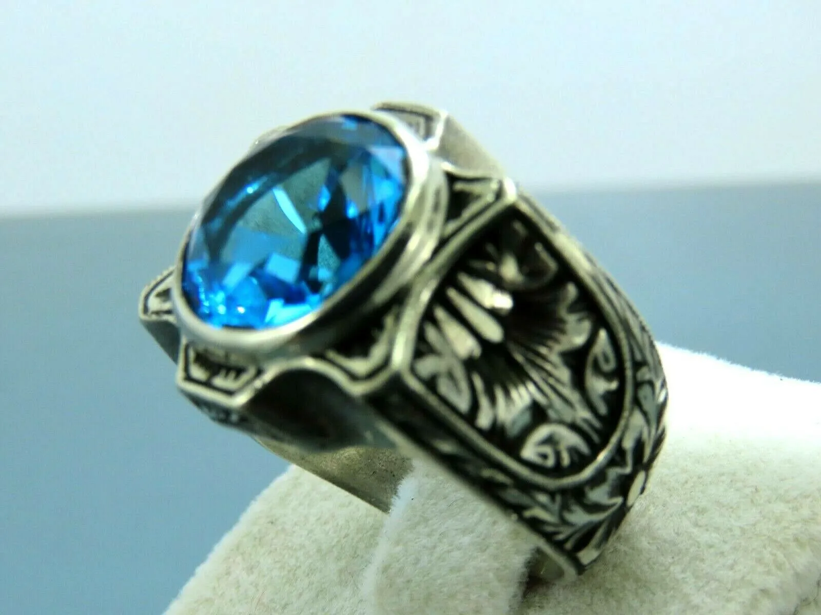 Turkish Handmade Jewelry 925 Sterling Silver Aquamarine Stone Mens Rings
