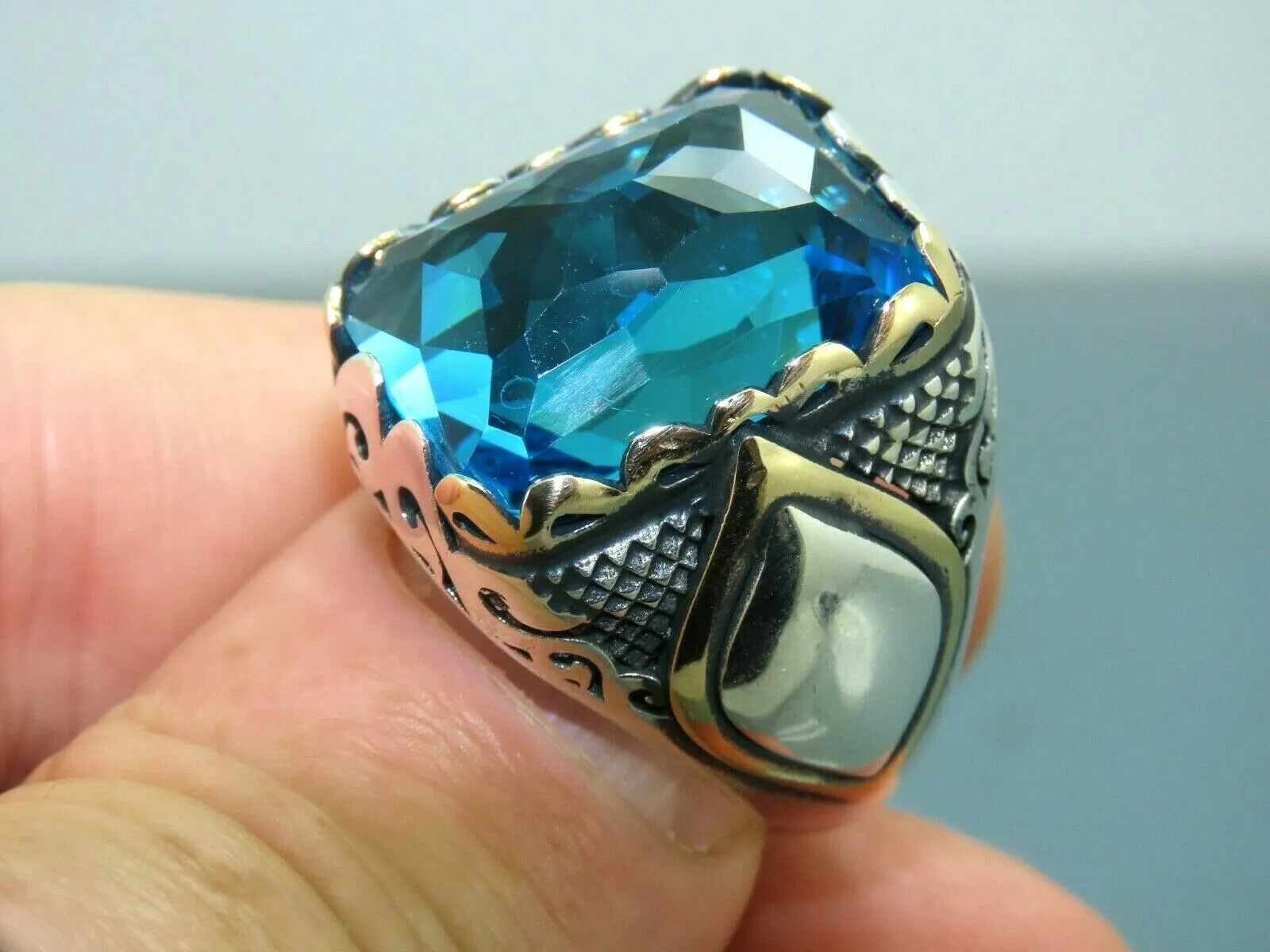 Turkish Handmade Jewelry 925 Sterling Silver Aquamarine Stone Mens Rings