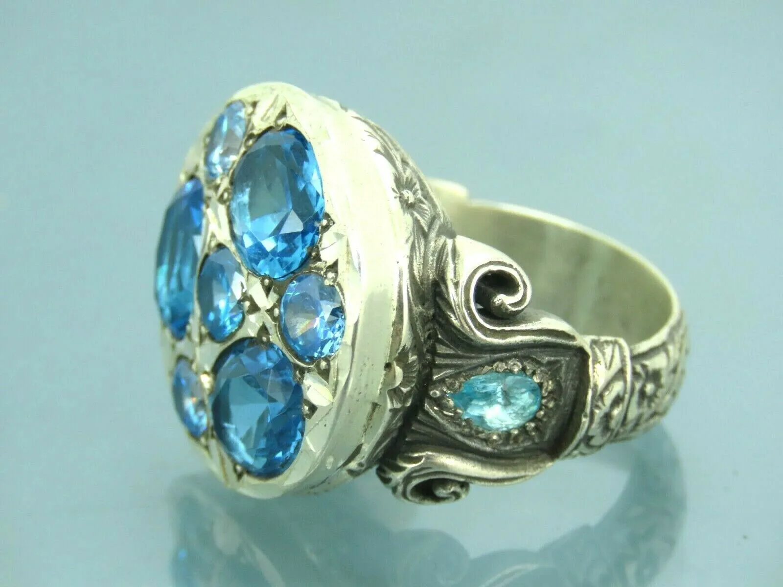 Turkish Handmade Jewelry 925 Sterling Silver Aquamarine Stone Mens Rings