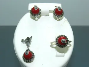 Turkish Handmade Jewelry 925 Sterling Silver Coral Stone Women's Earrings, Pendant & Ring Jewelry Set
