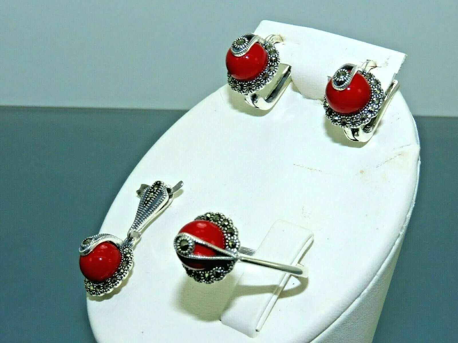Turkish Handmade Jewelry 925 Sterling Silver Coral Stone Women's Earrings, Pendant & Ring Jewelry Set