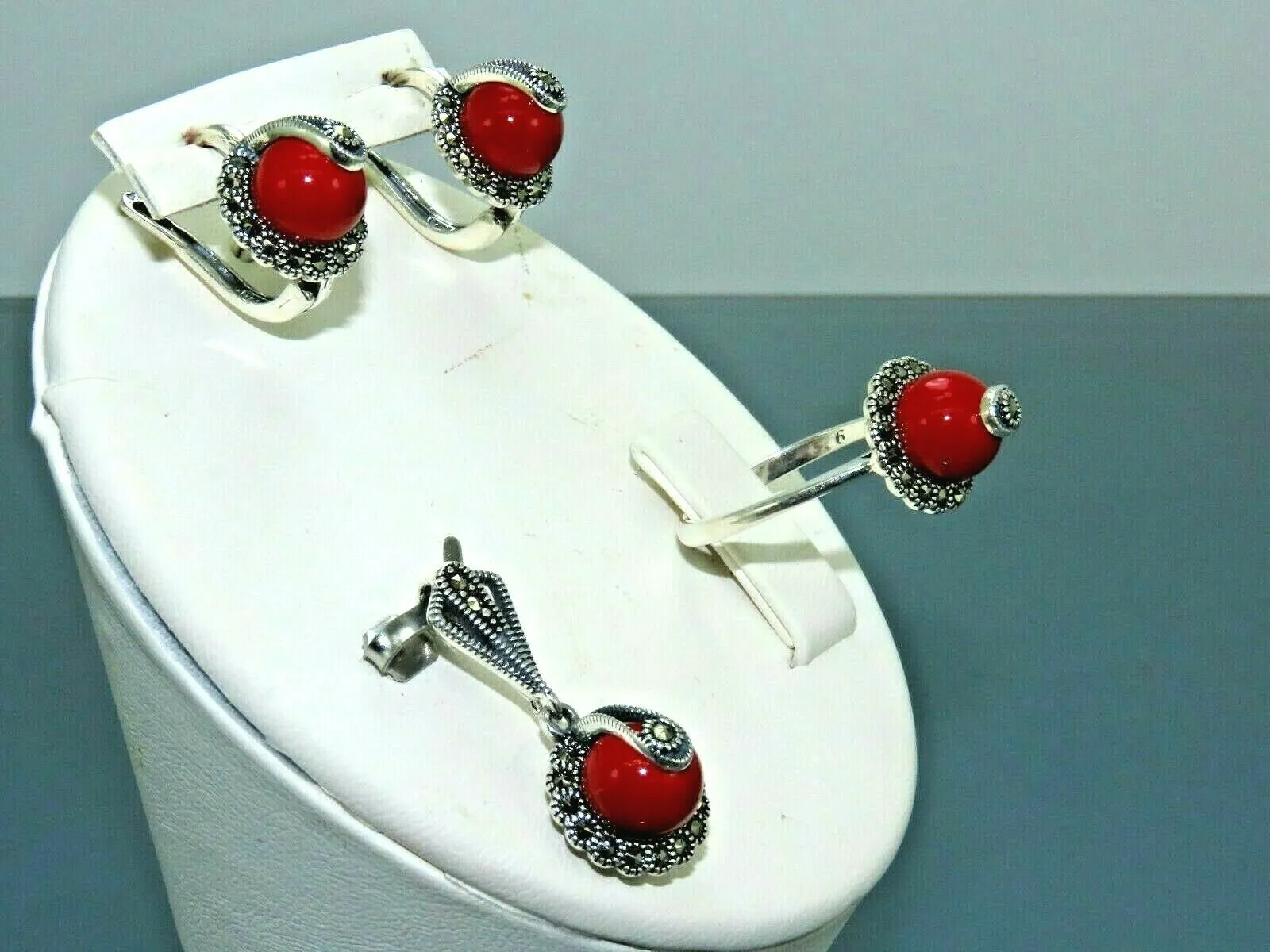 Turkish Handmade Jewelry 925 Sterling Silver Coral Stone Women's Earrings, Pendant & Ring Jewelry Set