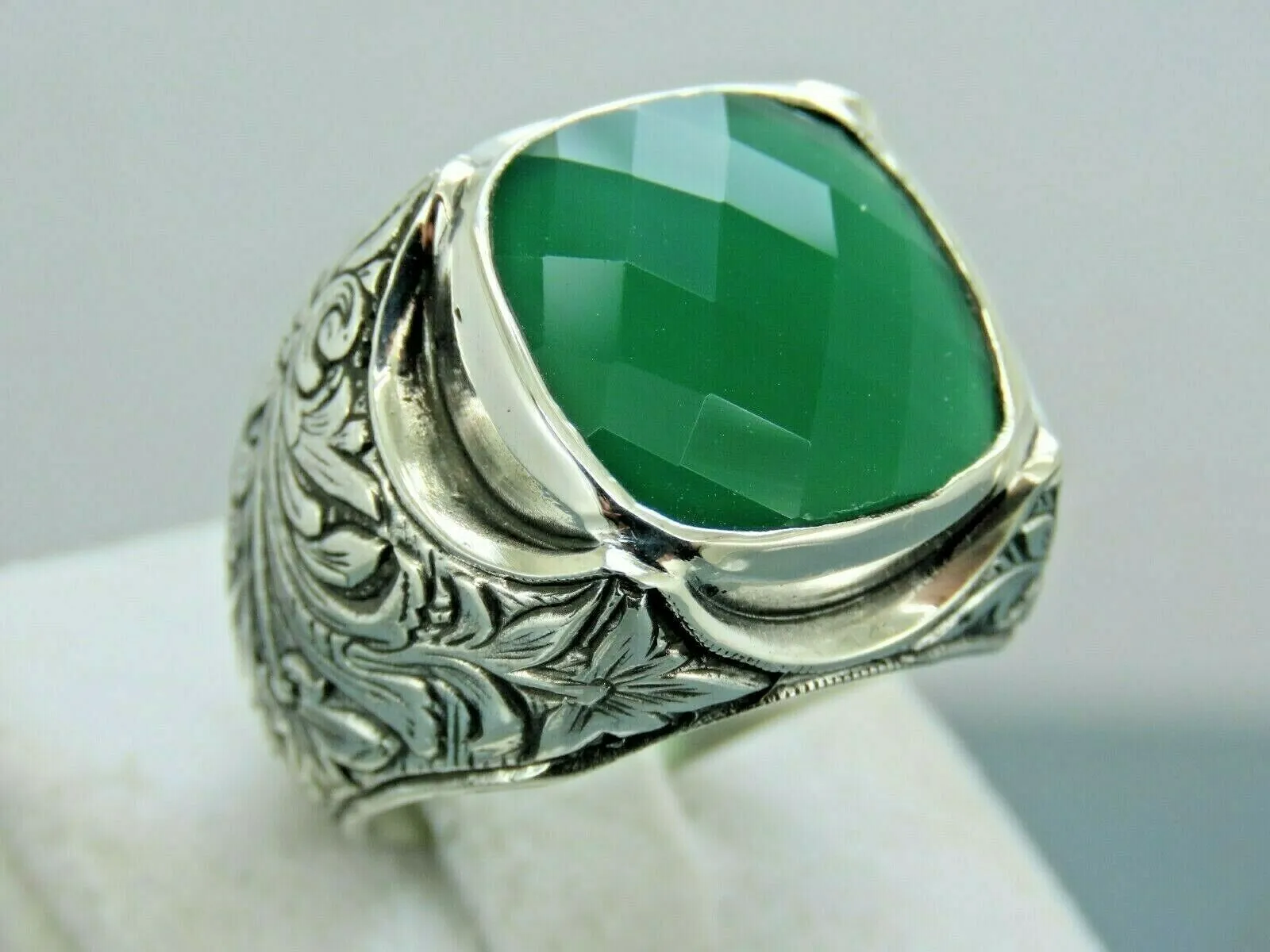 Turkish Handmade Jewelry 925 Sterling Silver Emerald Stone Mens Rings