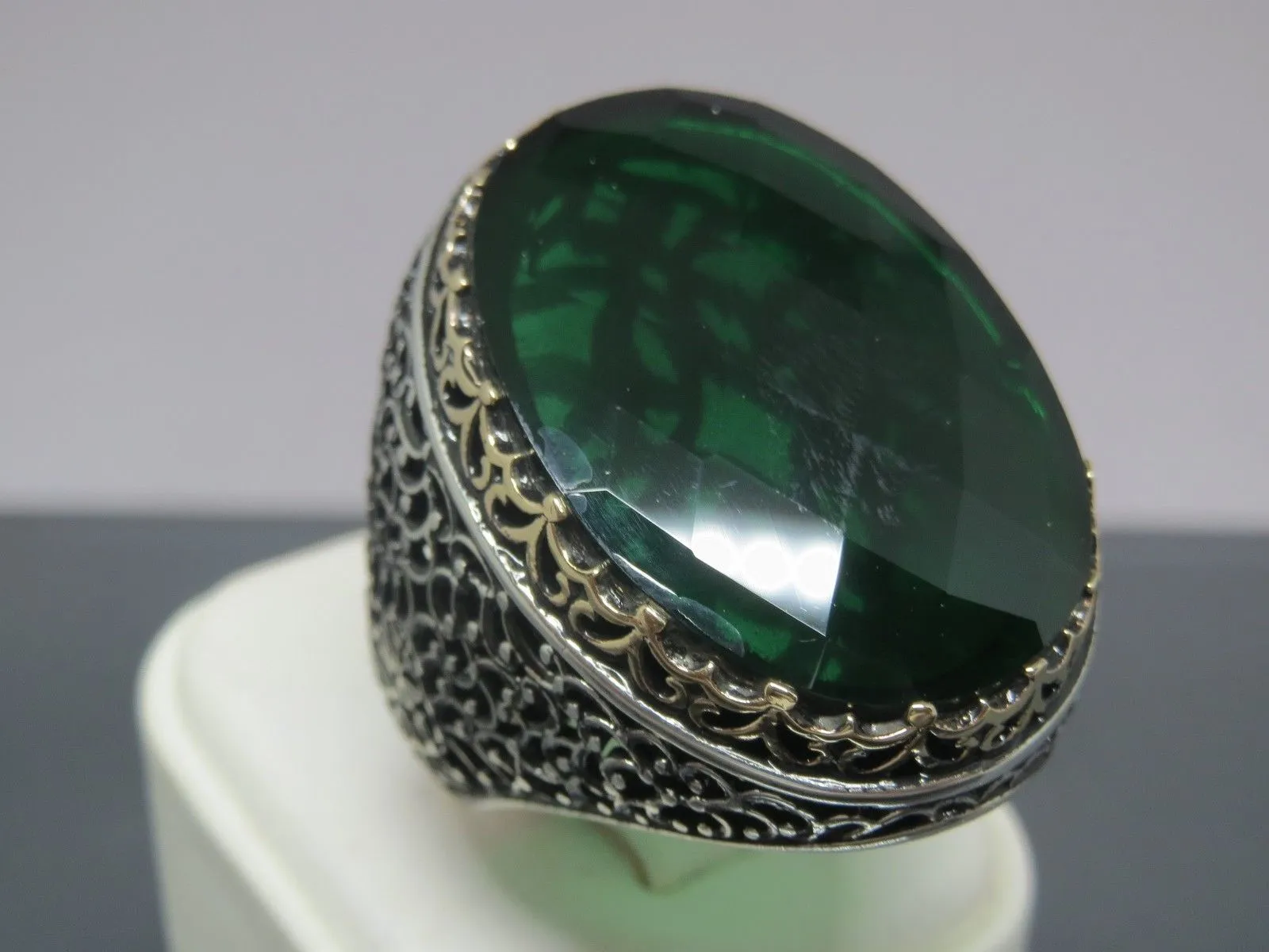 Turkish Handmade Jewelry 925 Sterling Silver Emerald Stone Mens Rings