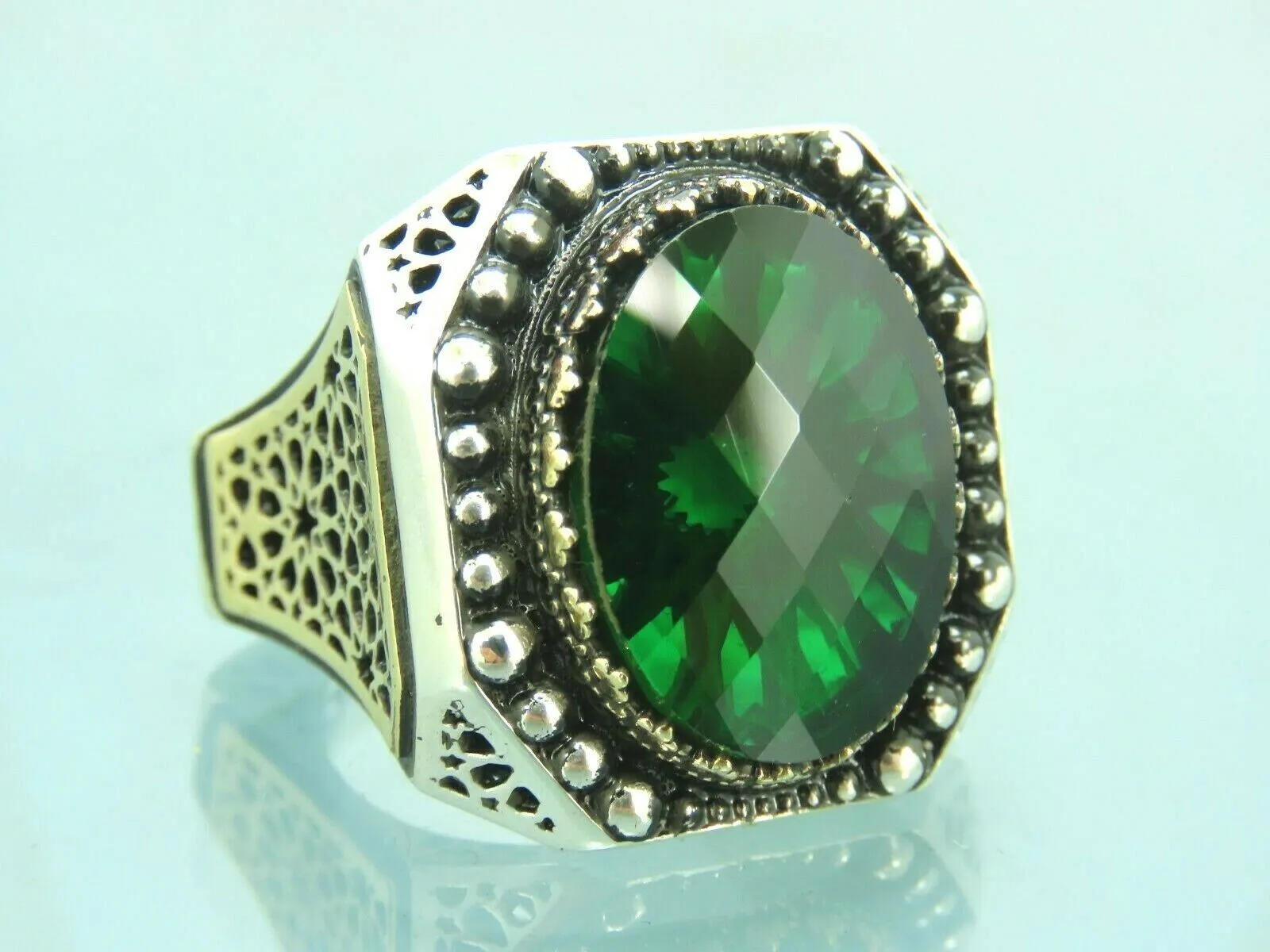 Turkish Handmade Jewelry 925 Sterling Silver Emerald Stone Mens Rings
