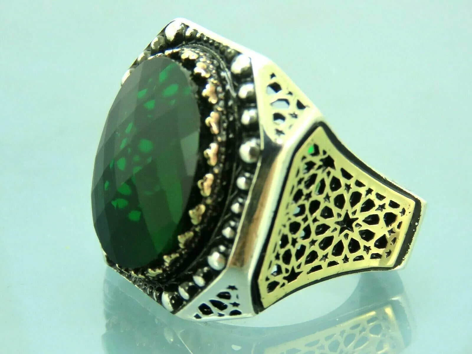 Turkish Handmade Jewelry 925 Sterling Silver Emerald Stone Mens Rings