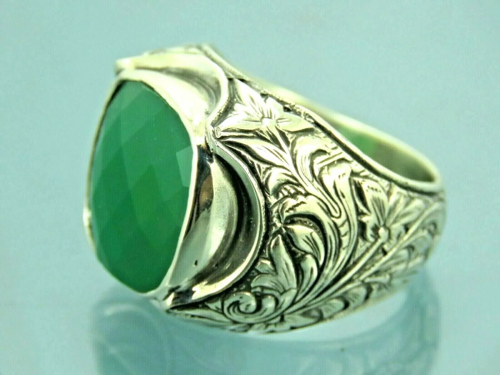 Turkish Handmade Jewelry 925 Sterling Silver Emerald Stone Mens Rings