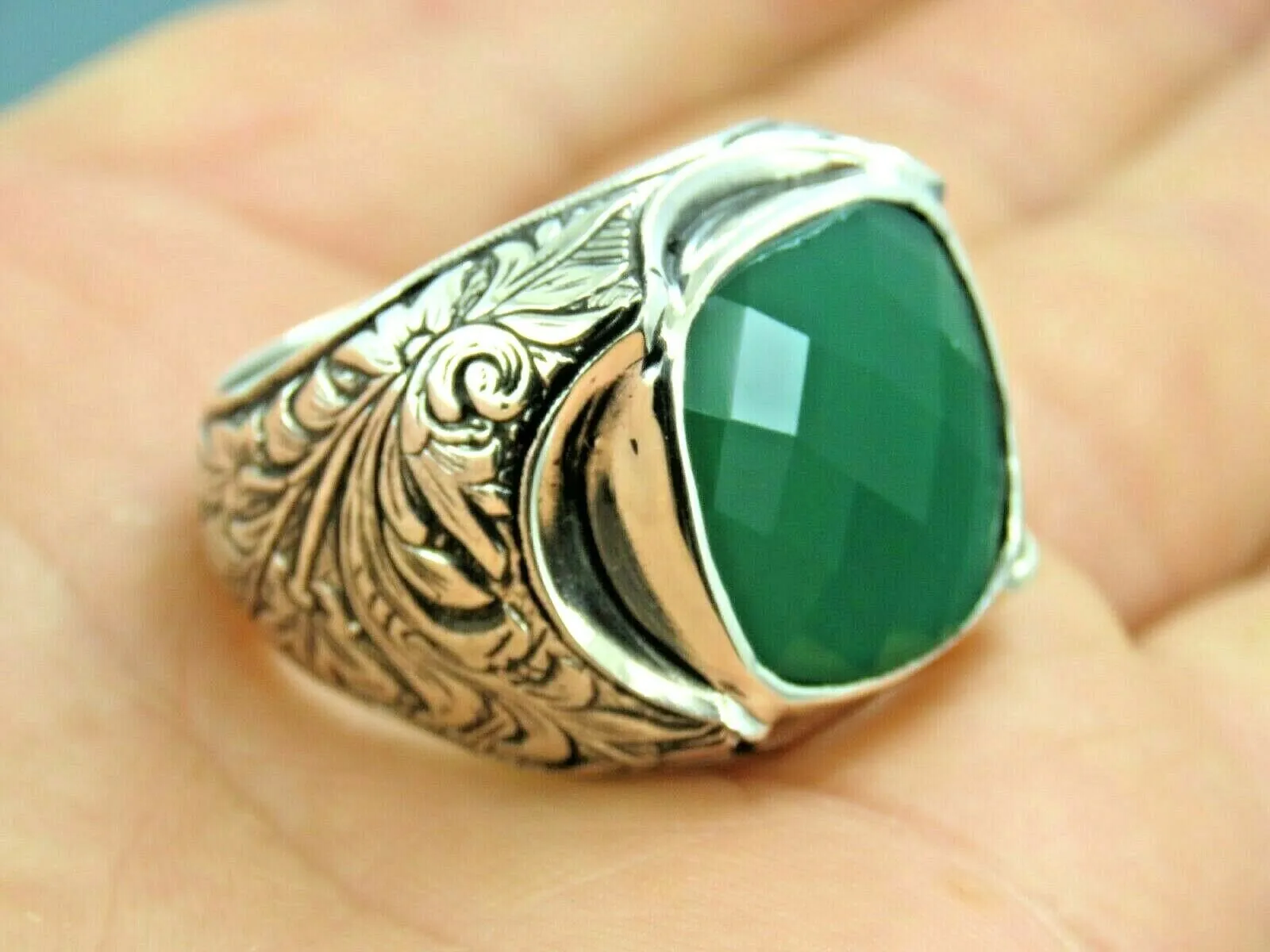 Turkish Handmade Jewelry 925 Sterling Silver Emerald Stone Mens Rings