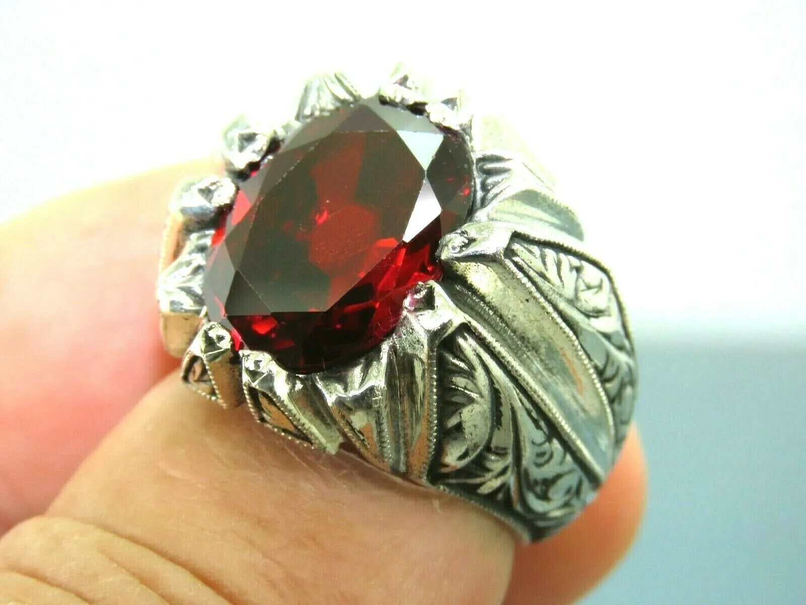 Turkish Handmade Jewelry 925 Sterling Silver Garnet Stone Mens Rings