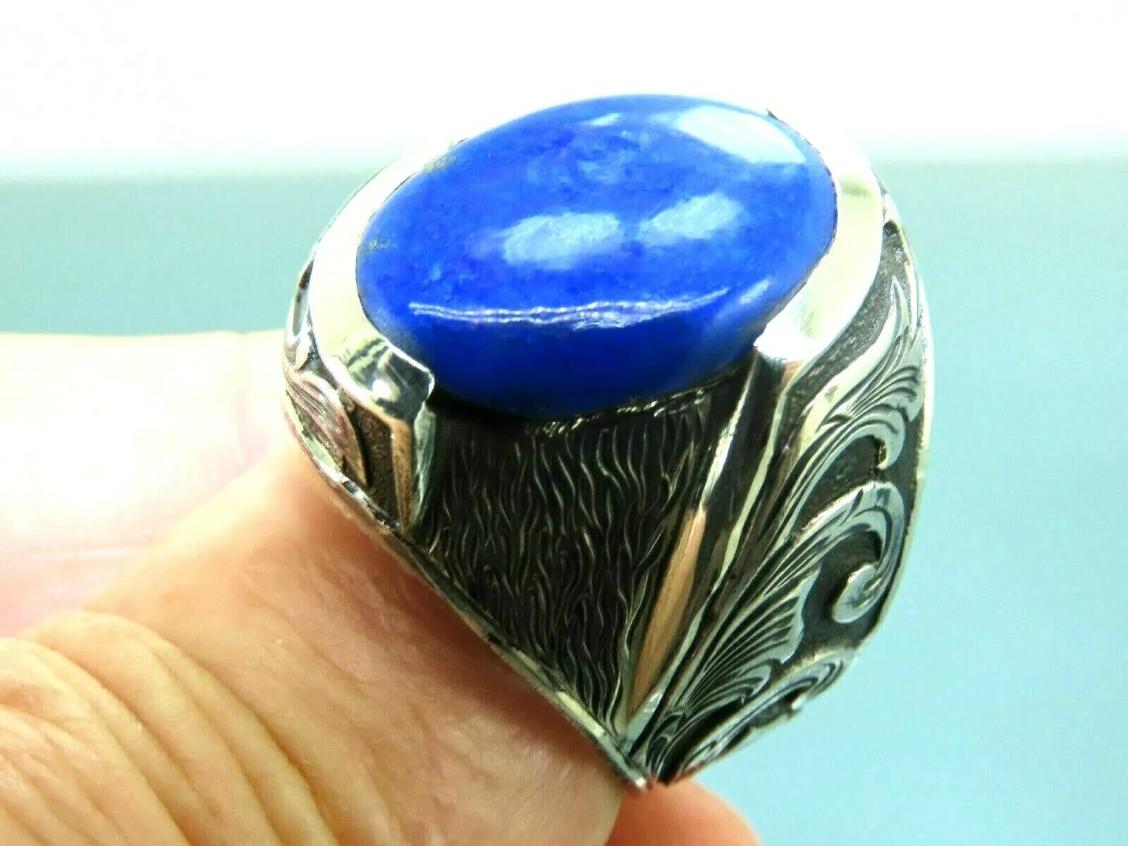 Turkish Handmade Jewelry 925 Sterling Silver Lapis Stone Engraved Mens Rings