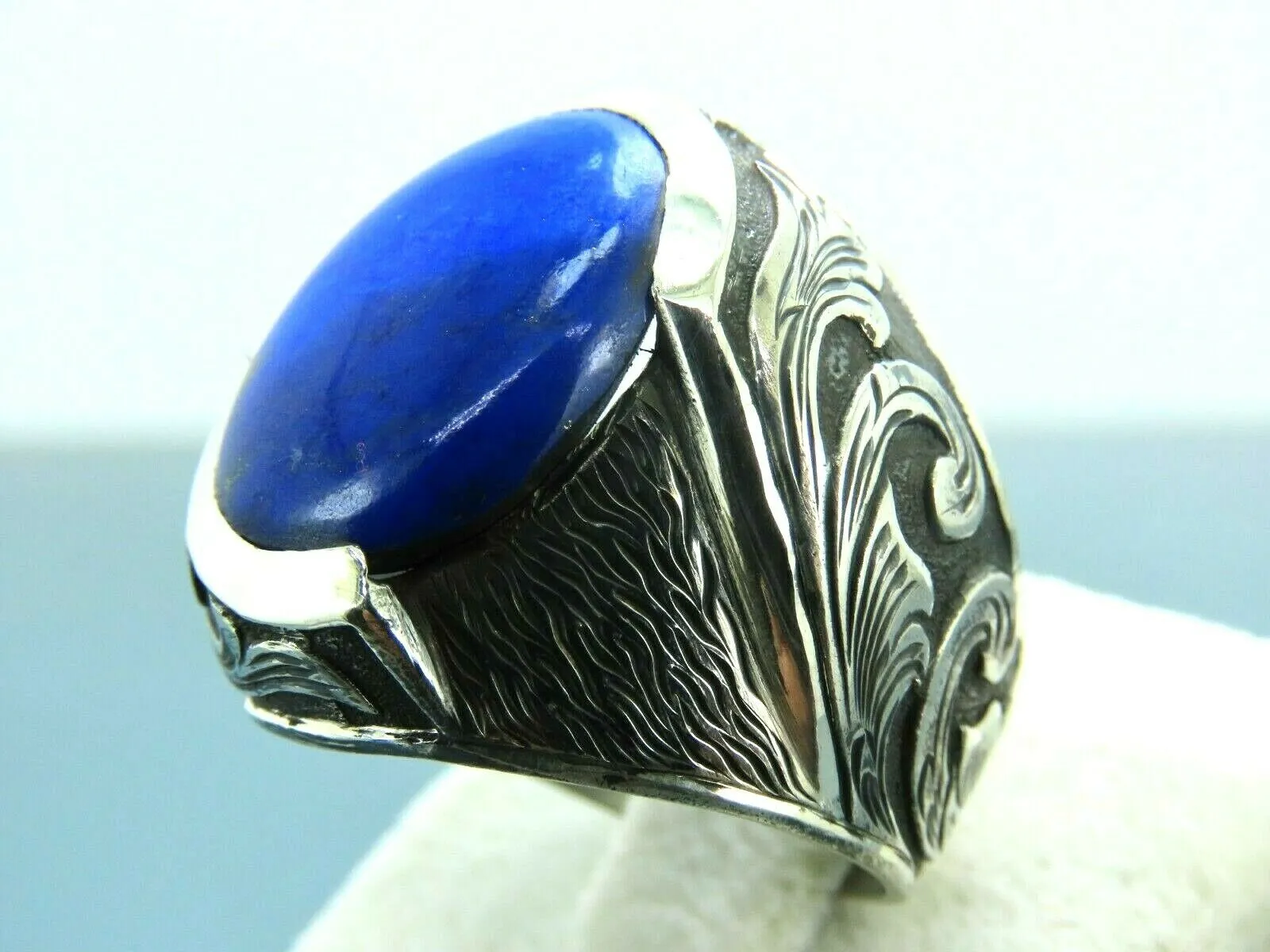 Turkish Handmade Jewelry 925 Sterling Silver Lapis Stone Engraved Mens Rings