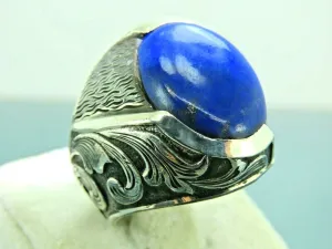 Turkish Handmade Jewelry 925 Sterling Silver Lapis Stone Engraved Mens Rings
