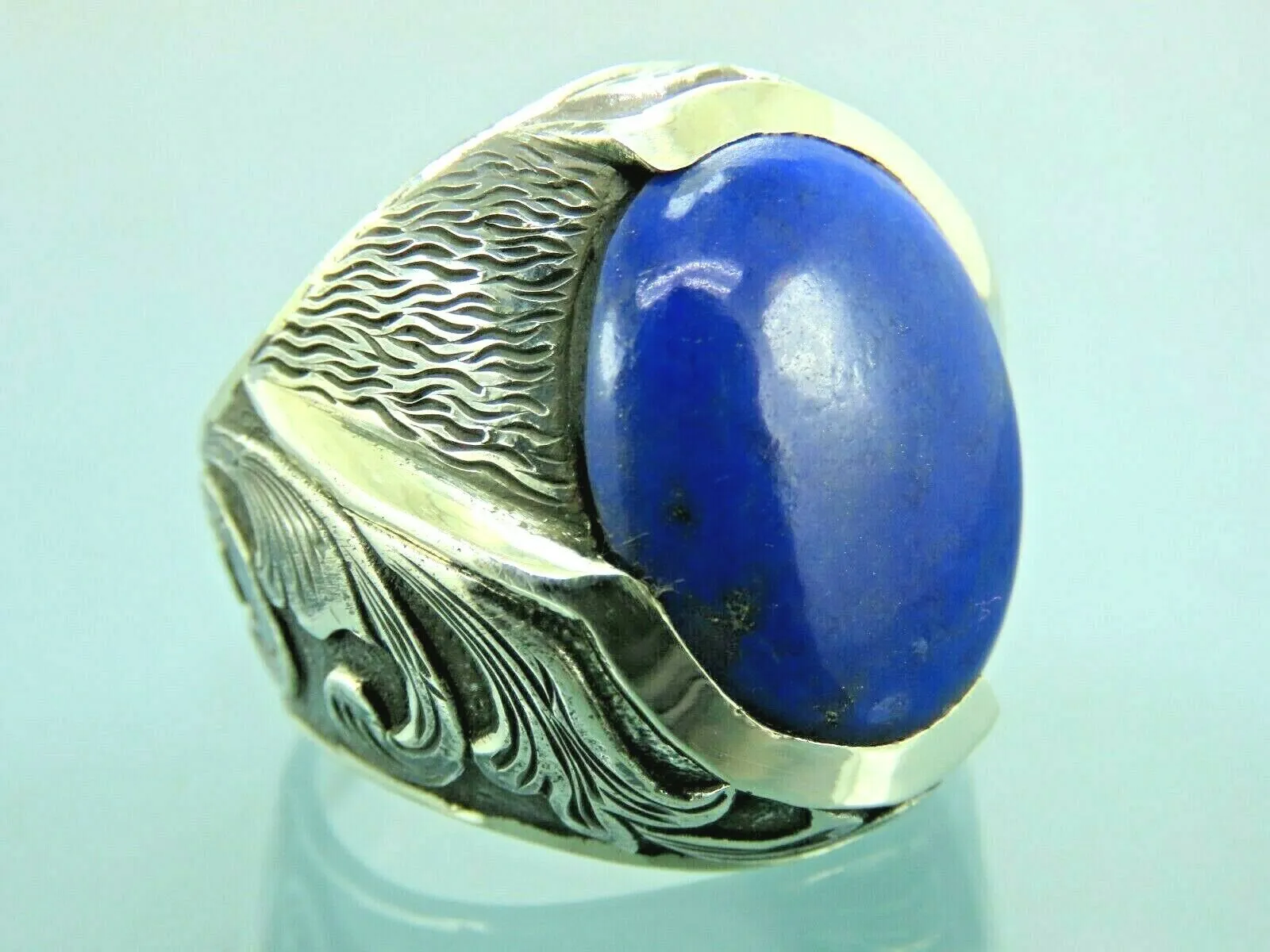 Turkish Handmade Jewelry 925 Sterling Silver Lapis Stone Engraved Mens Rings