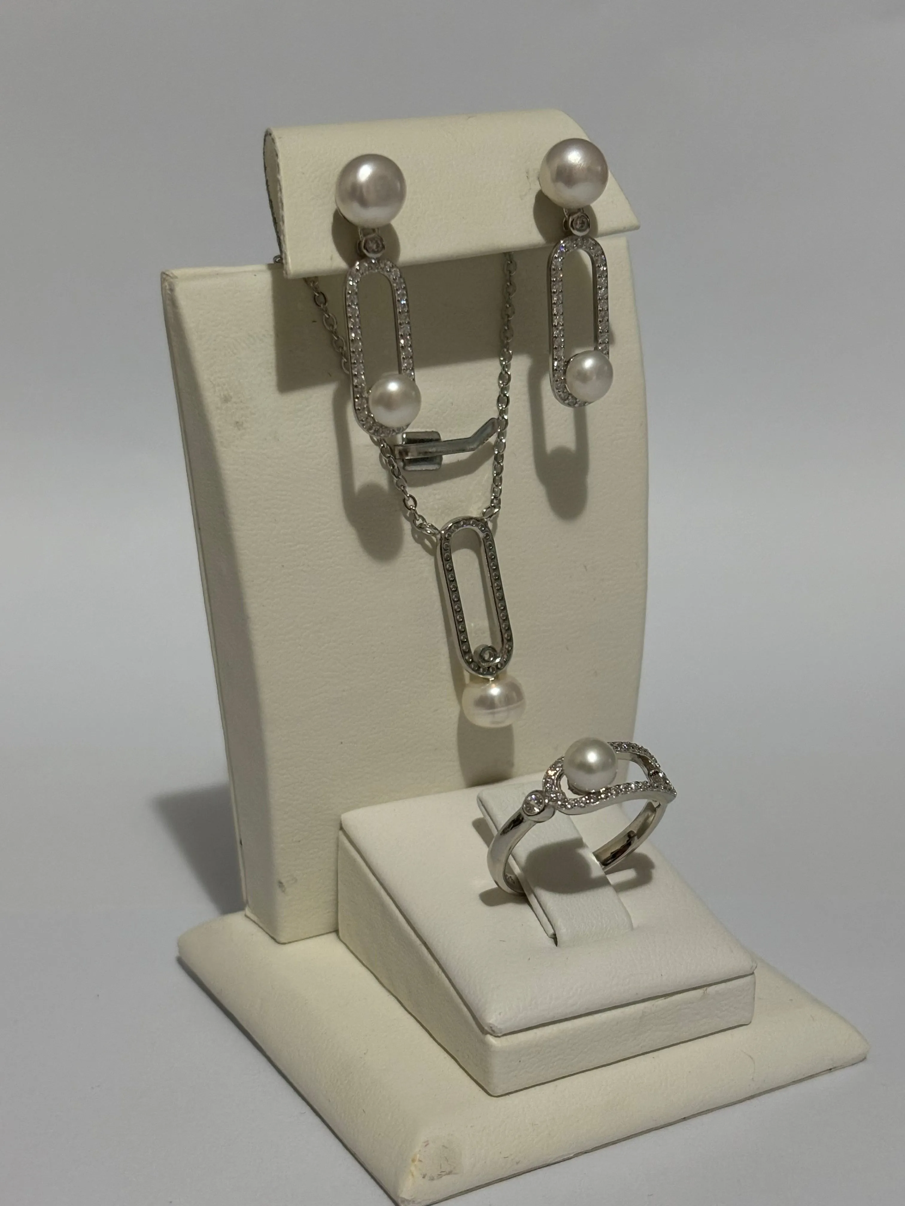 Turkish Handmade Jewelry 925 Sterling Silver Pearl Stone Women's Earrings & Ring & Pendant Jewelry Set
