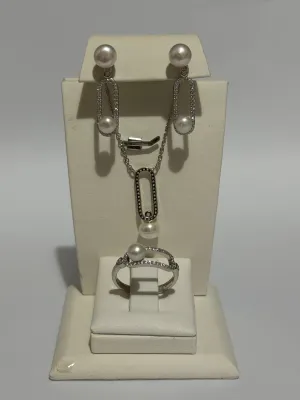 Turkish Handmade Jewelry 925 Sterling Silver Pearl Stone Women's Earrings & Ring & Pendant Jewelry Set