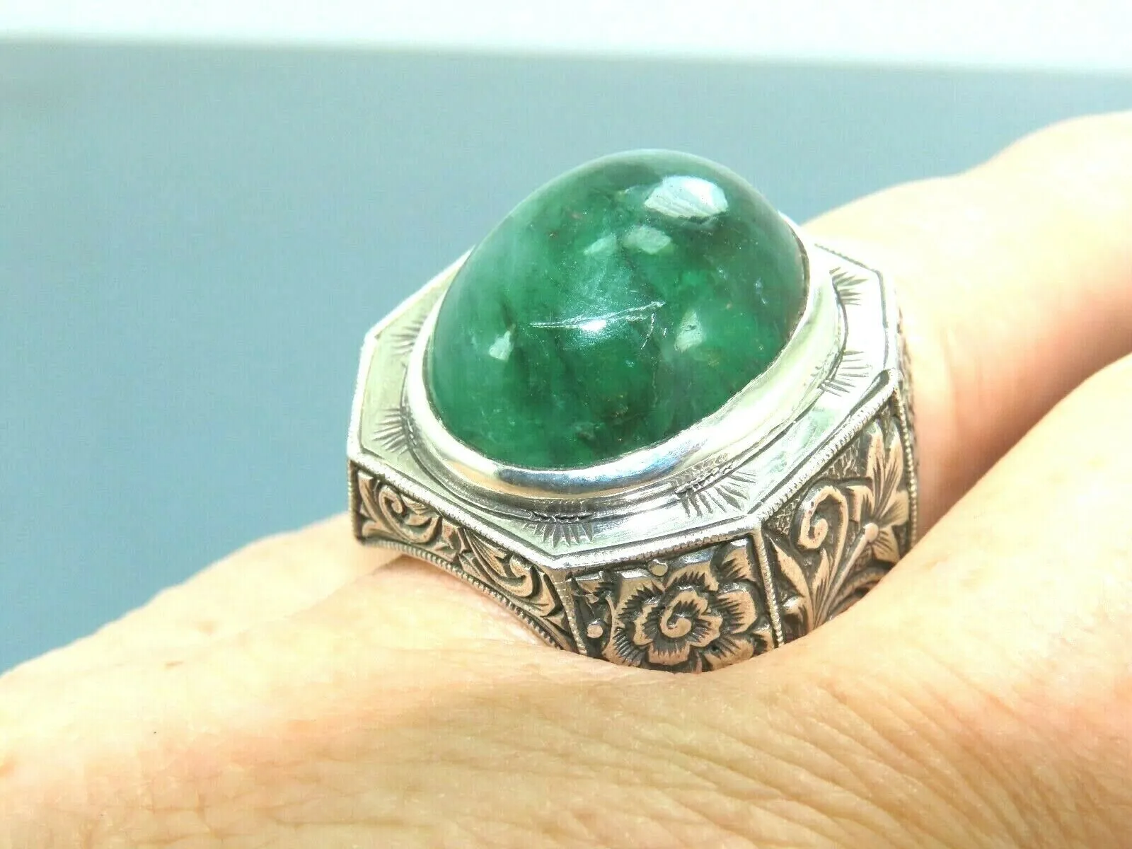 Turkish Handmade Jewelry 925 Sterling Silver Quartz Stone Engraved Mens Rings