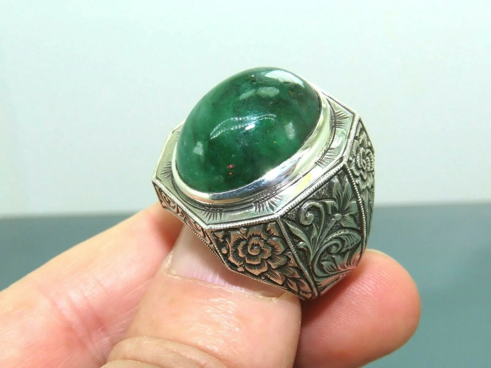 Turkish Handmade Jewelry 925 Sterling Silver Quartz Stone Engraved Mens Rings