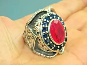 Turkish Handmade Jewelry 925 Sterling Silver Ruby Stone Mens Rings