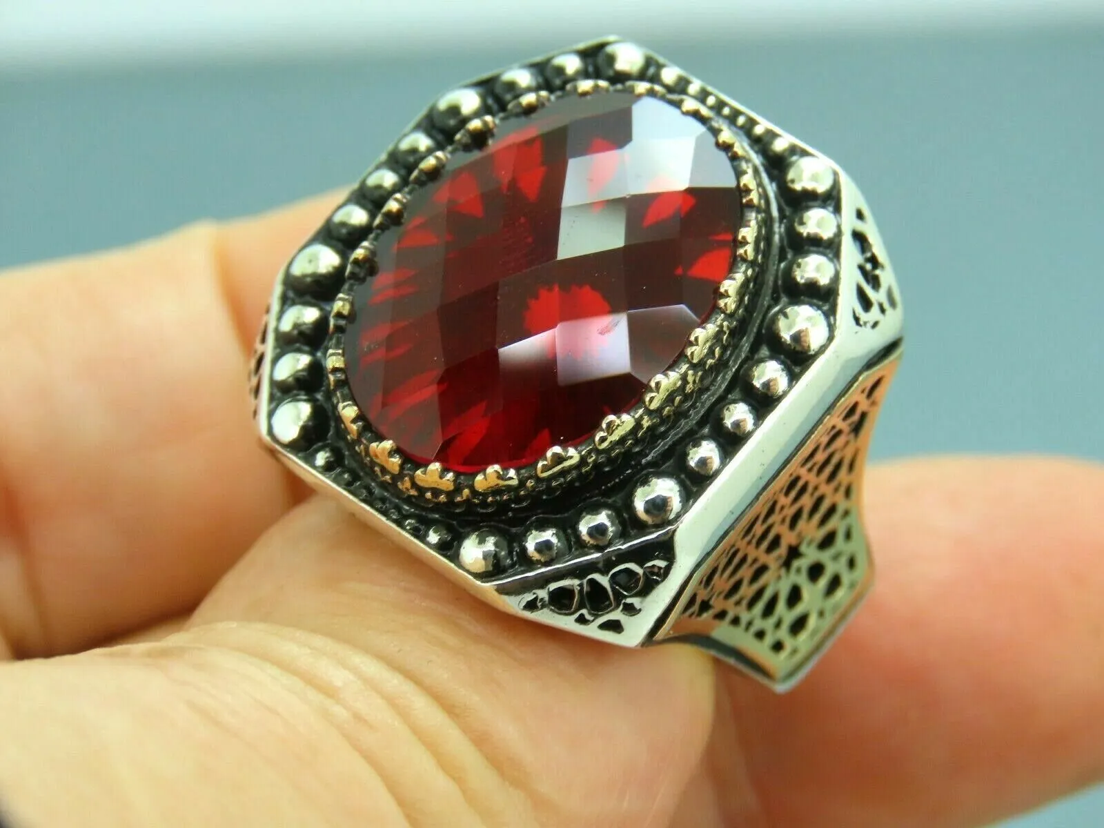 Turkish Handmade Jewelry 925 Sterling Silver Ruby Stone Mens Rings