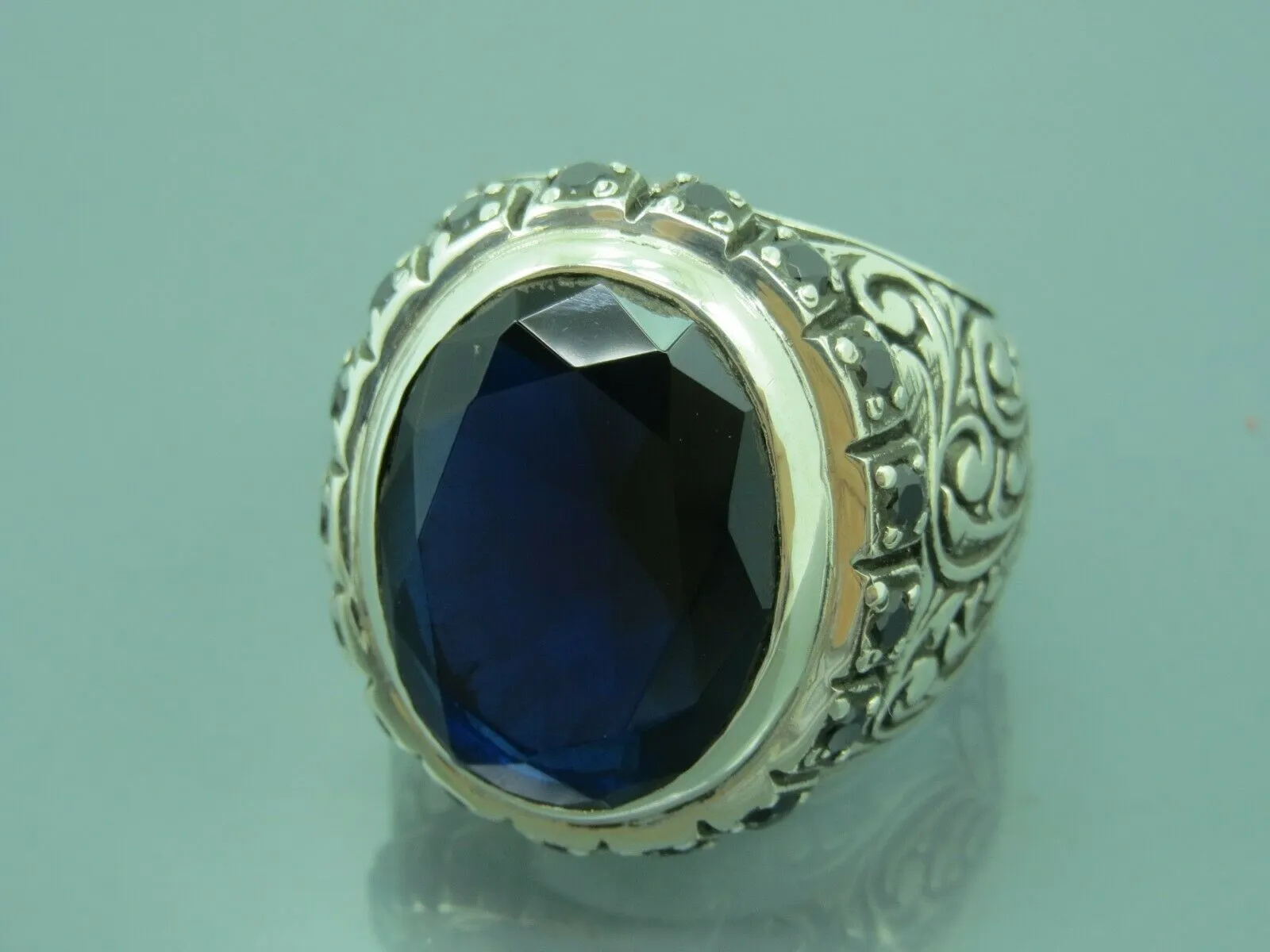 Turkish Handmade Jewelry 925 Sterling Silver Sapphire Stone Mens Rings