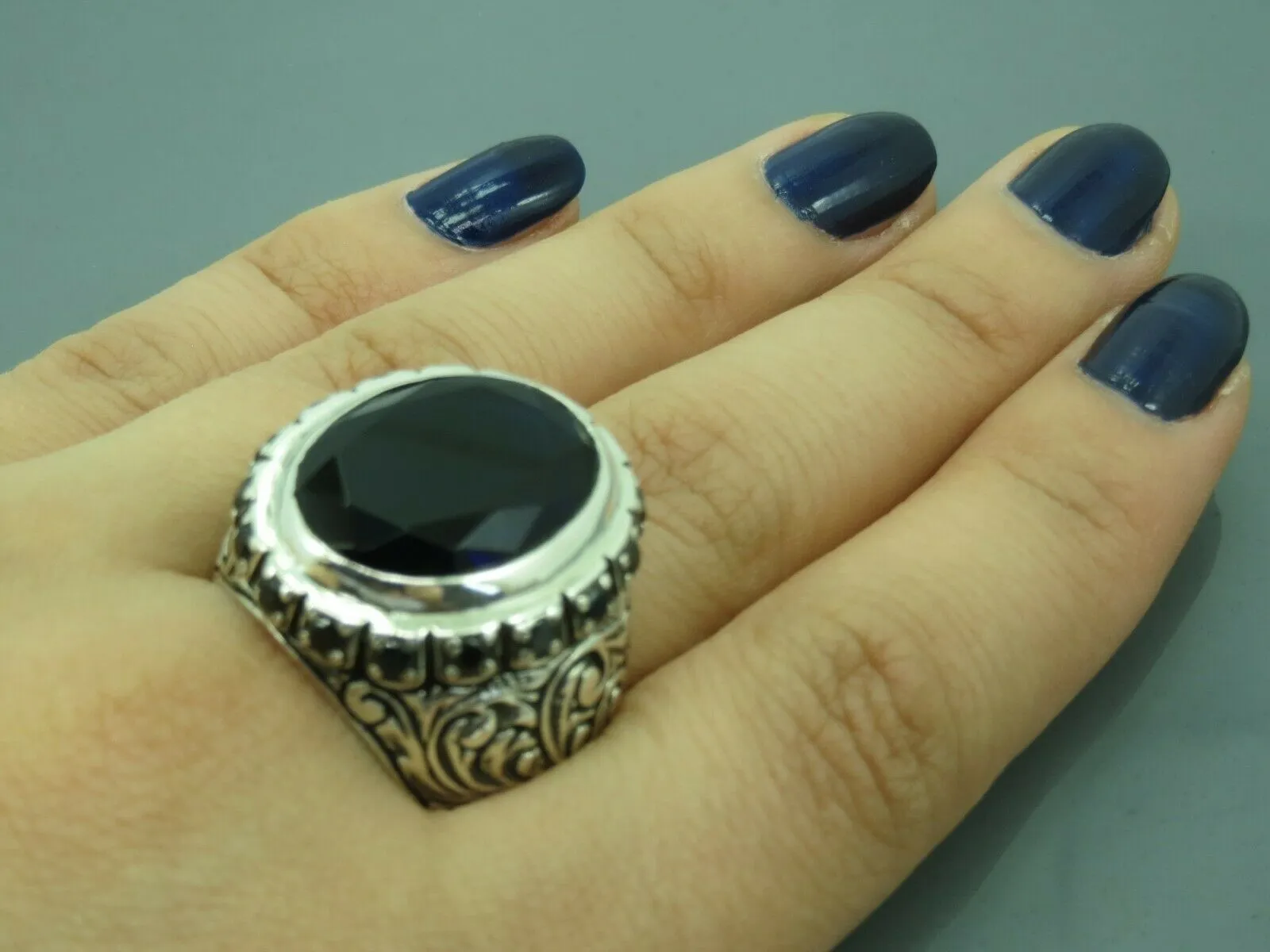 Turkish Handmade Jewelry 925 Sterling Silver Sapphire Stone Mens Rings