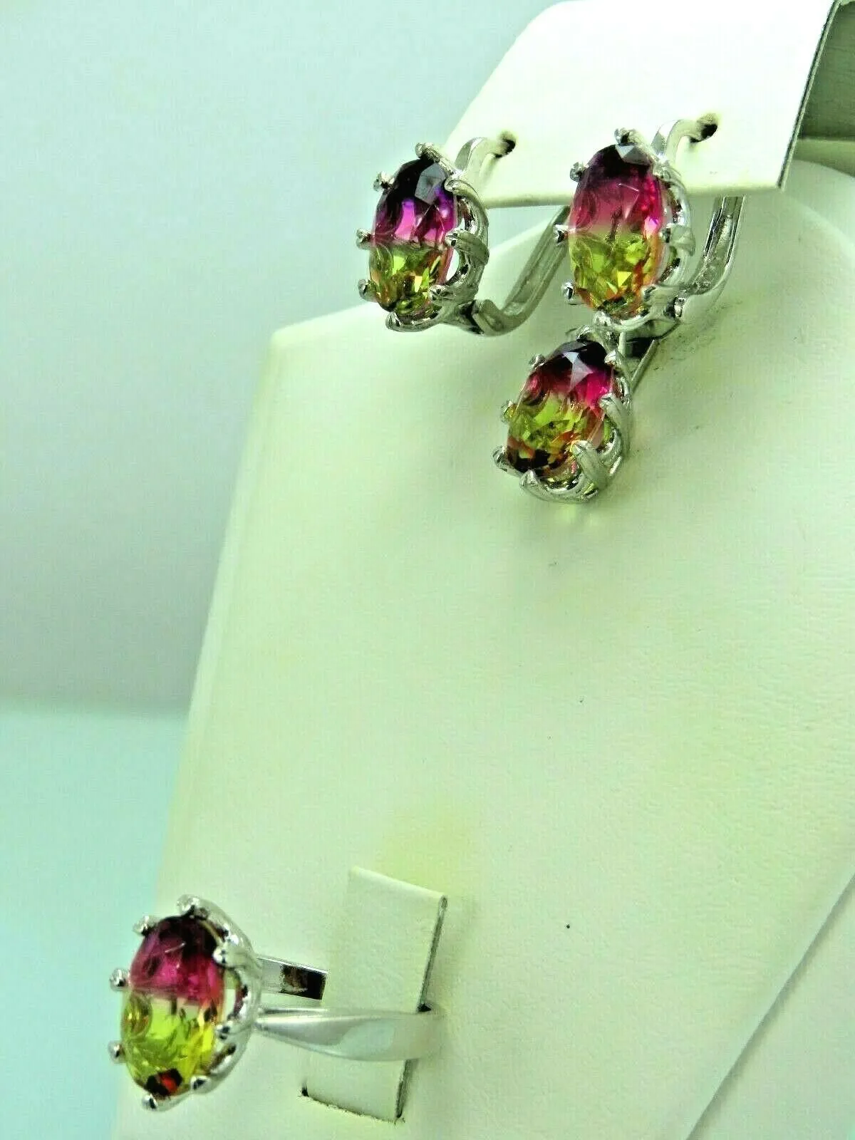 Turkish Handmade Jewelry 925 Sterling Silver Tourmaline Stone Women's Earrings, Pendant & Ring Jewelry Set
