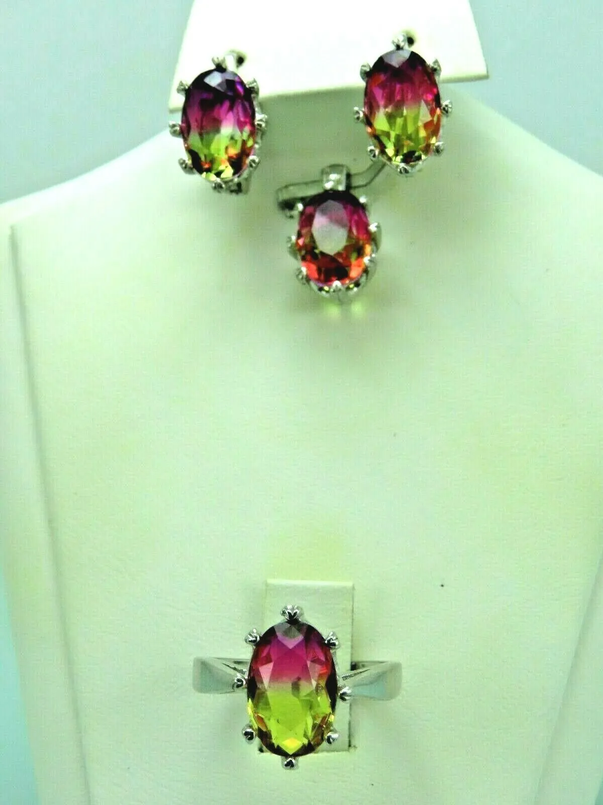 Turkish Handmade Jewelry 925 Sterling Silver Tourmaline Stone Women's Earrings, Pendant & Ring Jewelry Set