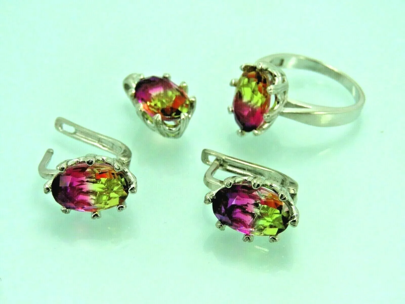 Turkish Handmade Jewelry 925 Sterling Silver Tourmaline Stone Women's Earrings, Pendant & Ring Jewelry Set