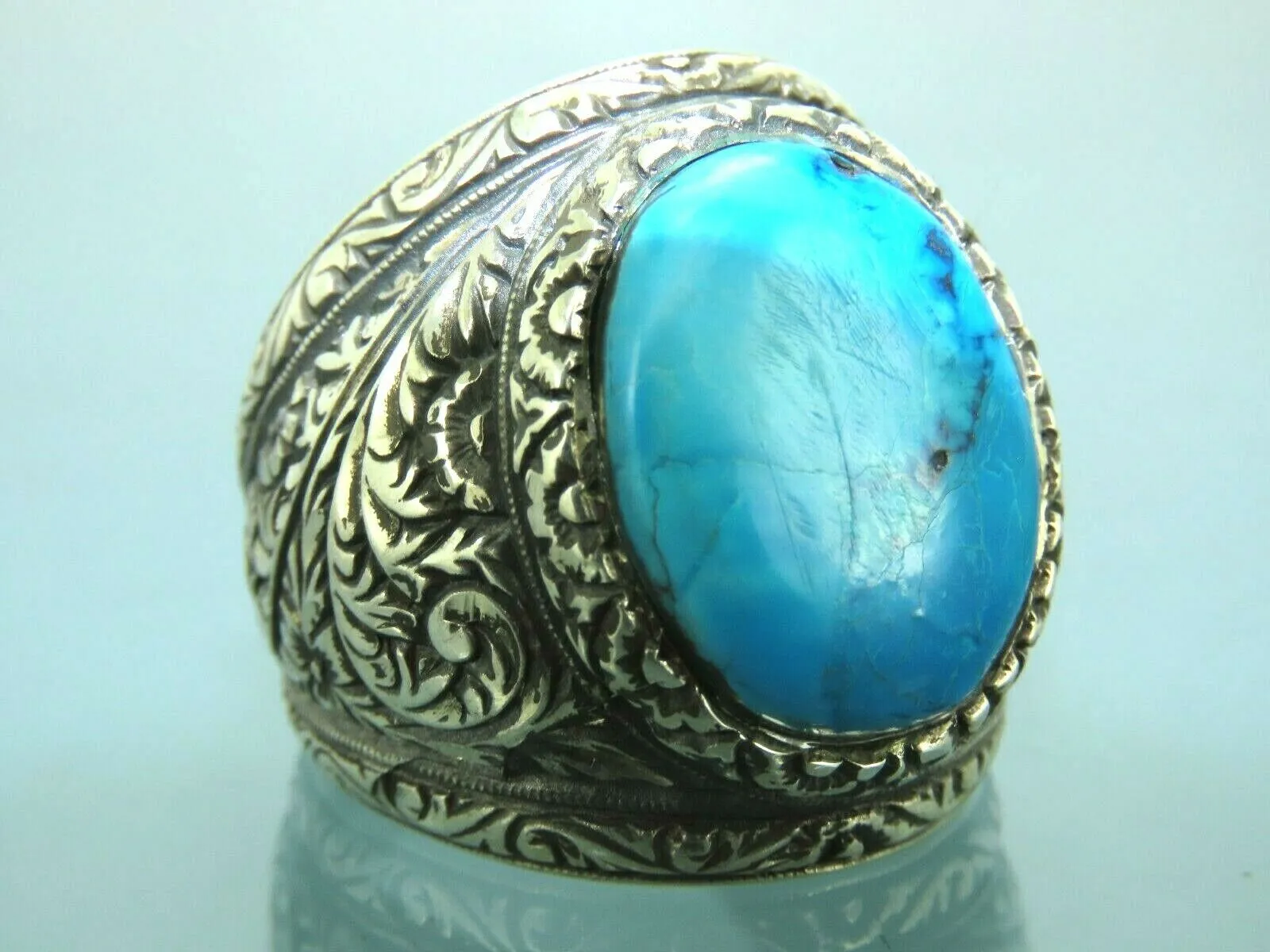 Turkish Handmade Jewelry 925 Sterling Silver Turquoise Stone Engraved Mens Rings