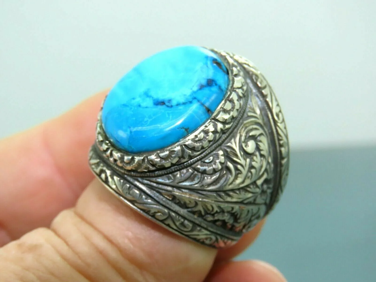 Turkish Handmade Jewelry 925 Sterling Silver Turquoise Stone Engraved Mens Rings