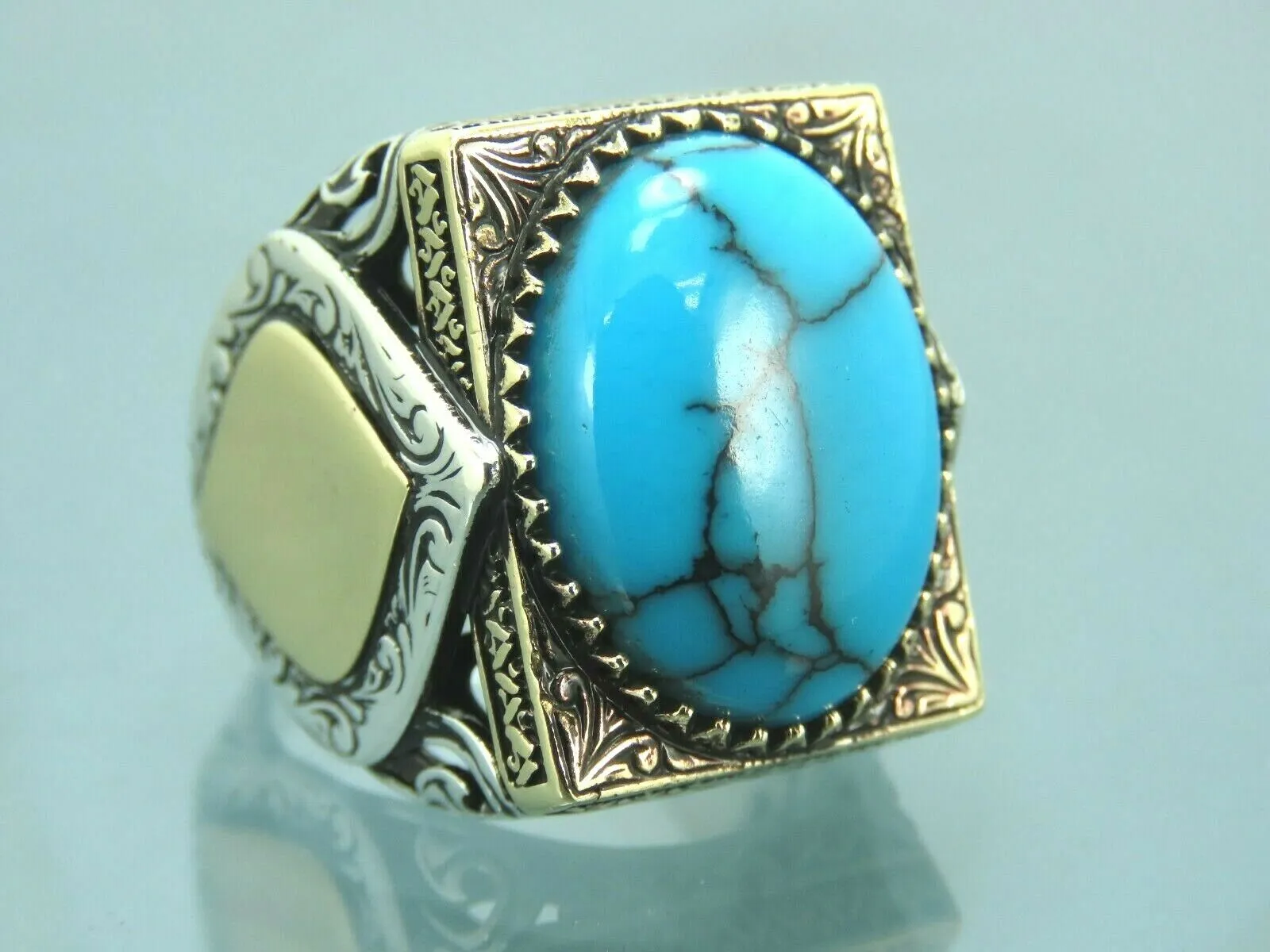 Turkish Handmade Jewelry 925 Sterling Silver Turquoise Stone Mens Rings
