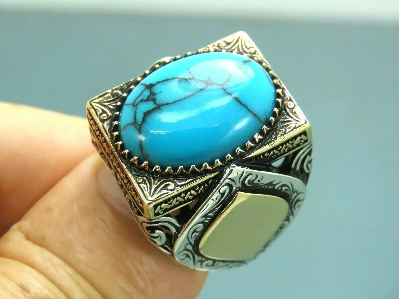 Turkish Handmade Jewelry 925 Sterling Silver Turquoise Stone Mens Rings