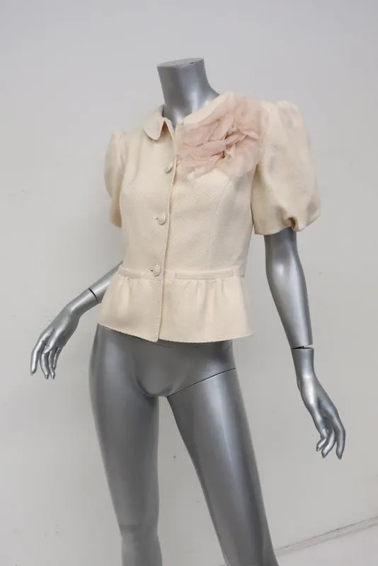 Valentino Short Sleeve Jacket with Flower Brooch Ivory Woven Silk Size 4