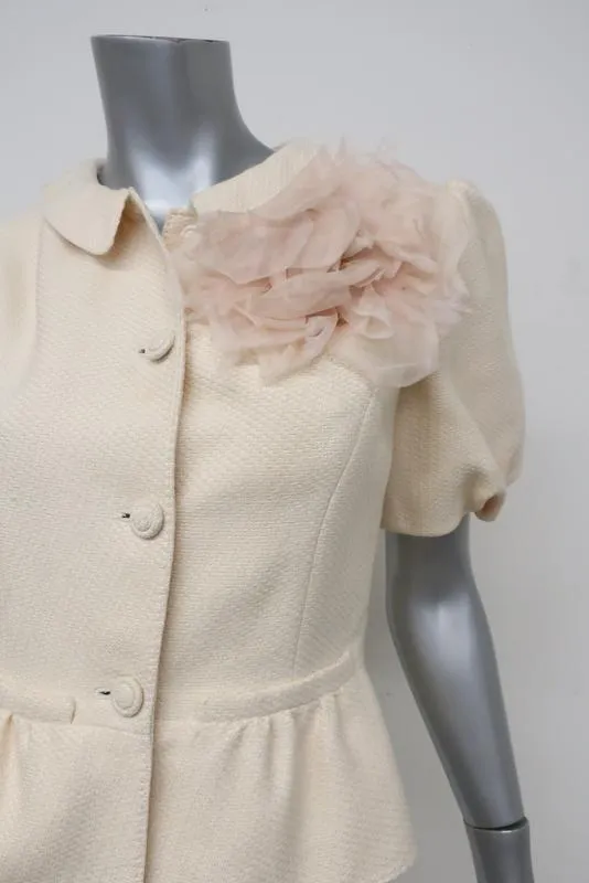 Valentino Short Sleeve Jacket with Flower Brooch Ivory Woven Silk Size 4
