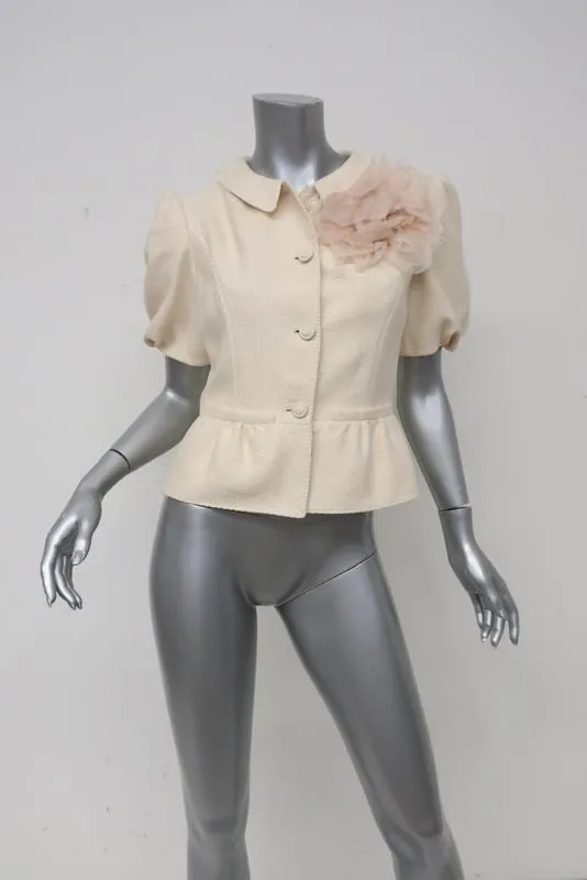 Valentino Short Sleeve Jacket with Flower Brooch Ivory Woven Silk Size 4
