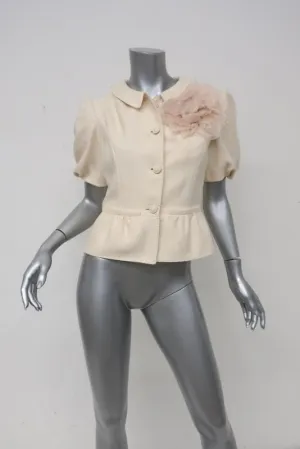 Valentino Short Sleeve Jacket with Flower Brooch Ivory Woven Silk Size 4