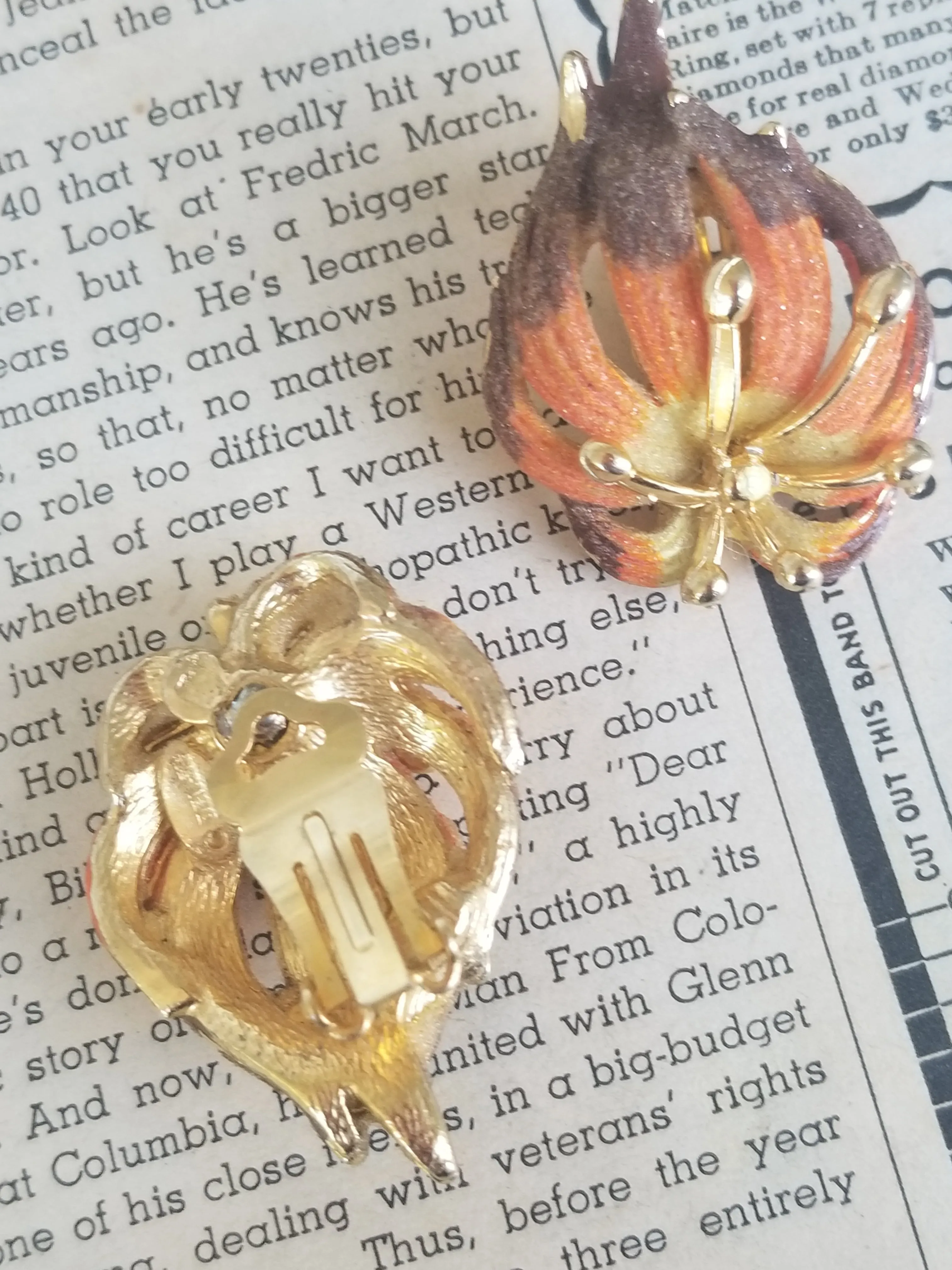 Vintage Denise signed Autumn fall sugared mid century clip on earrings