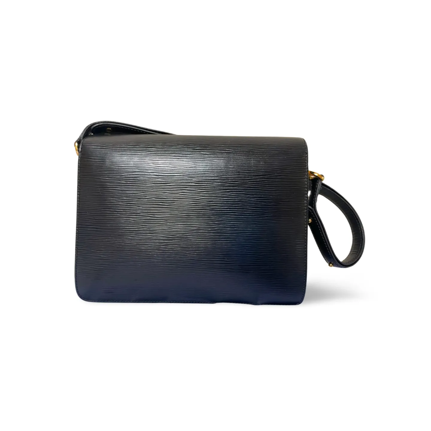 Vintage Louis Vuitton rare black epi mod shoulder bag with blue bullseye. Unique epi purse. 060810r1