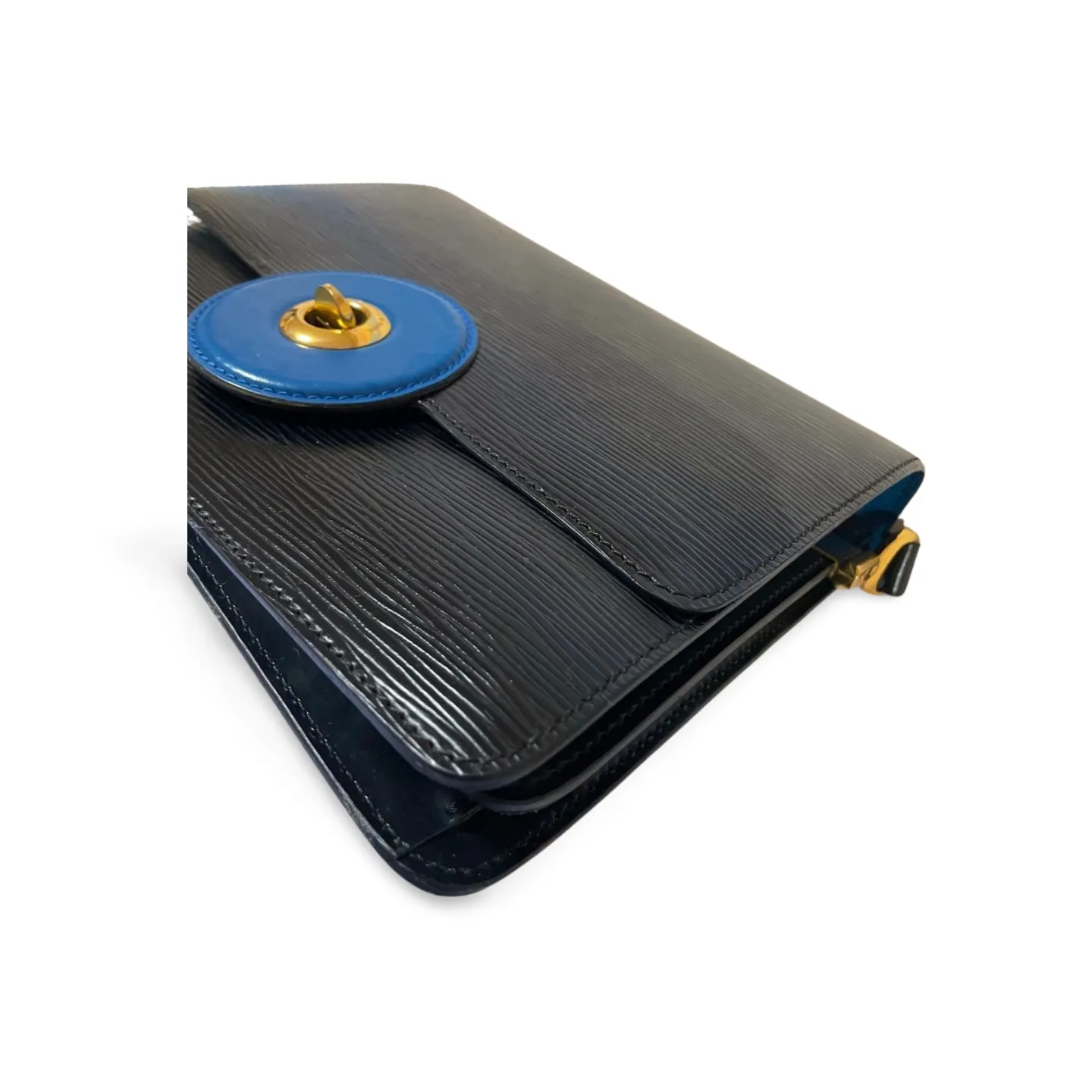 Vintage Louis Vuitton rare black epi mod shoulder bag with blue bullseye. Unique epi purse. 060810r1