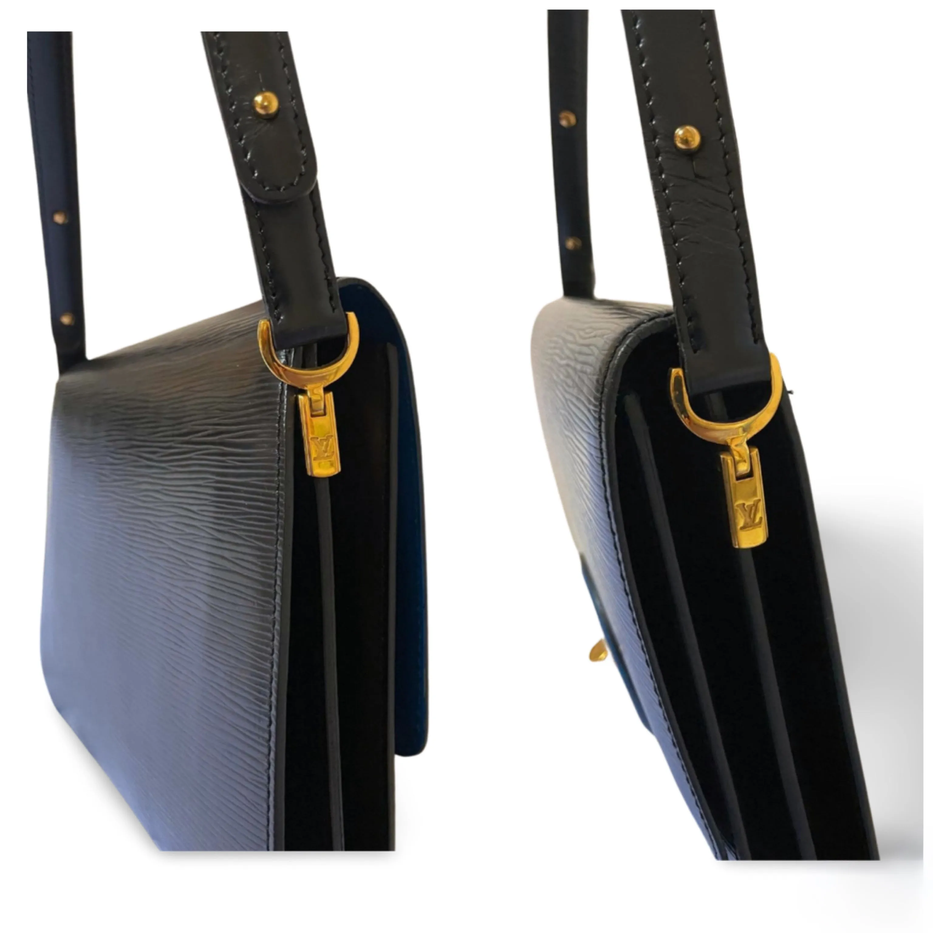 Vintage Louis Vuitton rare black epi mod shoulder bag with blue bullseye. Unique epi purse. 060810r1