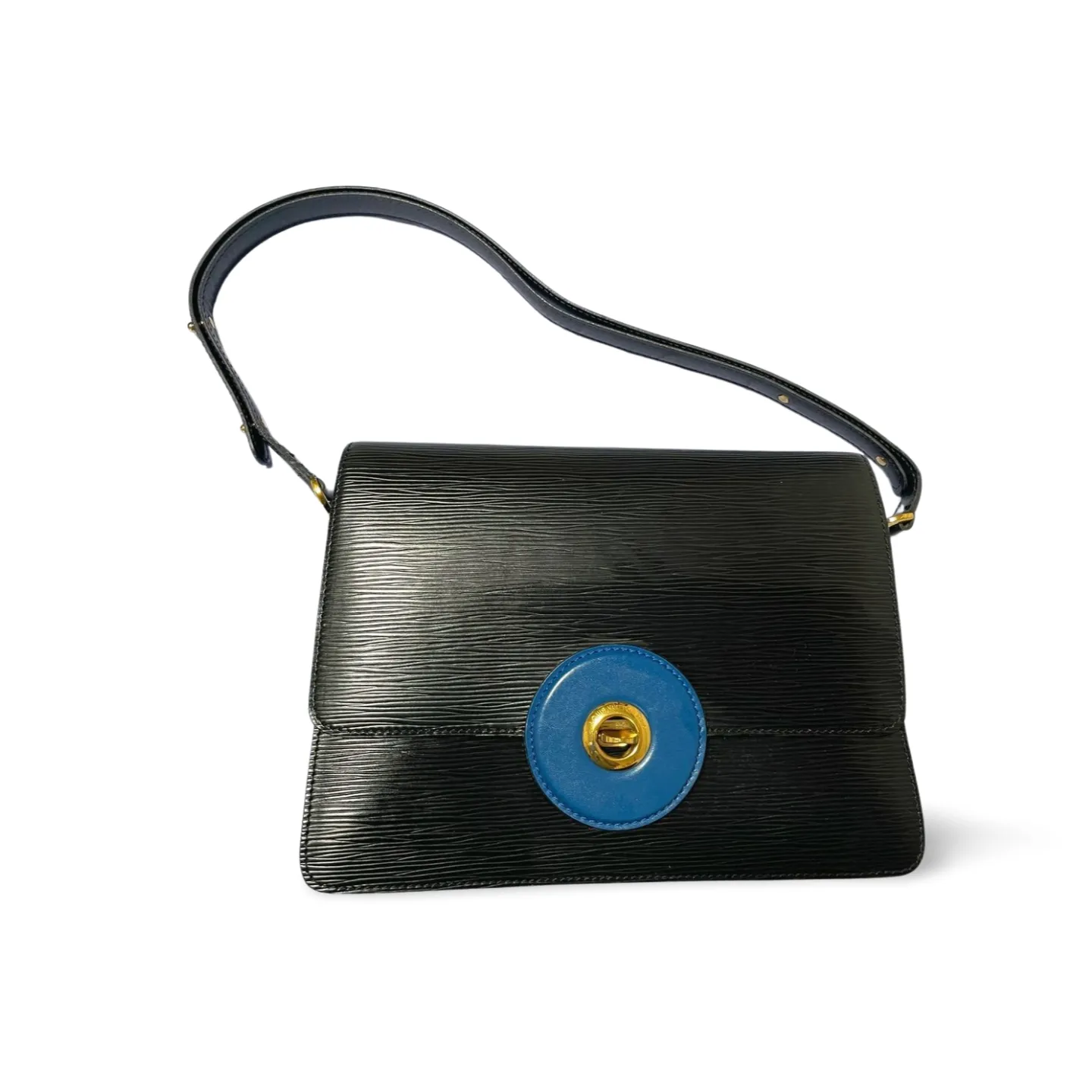 Vintage Louis Vuitton rare black epi mod shoulder bag with blue bullseye. Unique epi purse. 060810r1