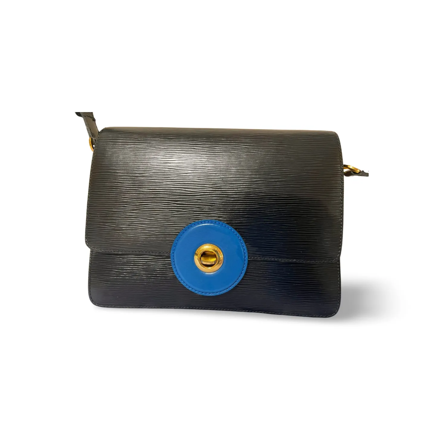 Vintage Louis Vuitton rare black epi mod shoulder bag with blue bullseye. Unique epi purse. 060810r1