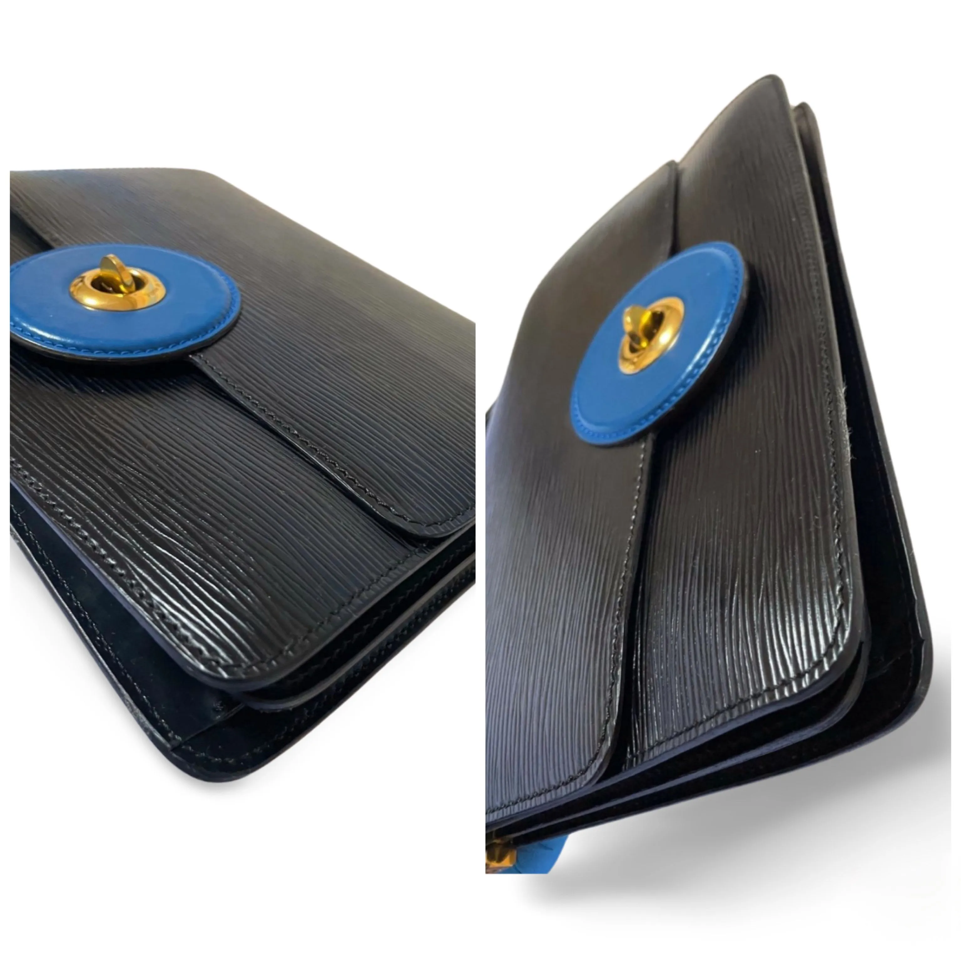 Vintage Louis Vuitton rare black epi mod shoulder bag with blue bullseye. Unique epi purse. 060810r1