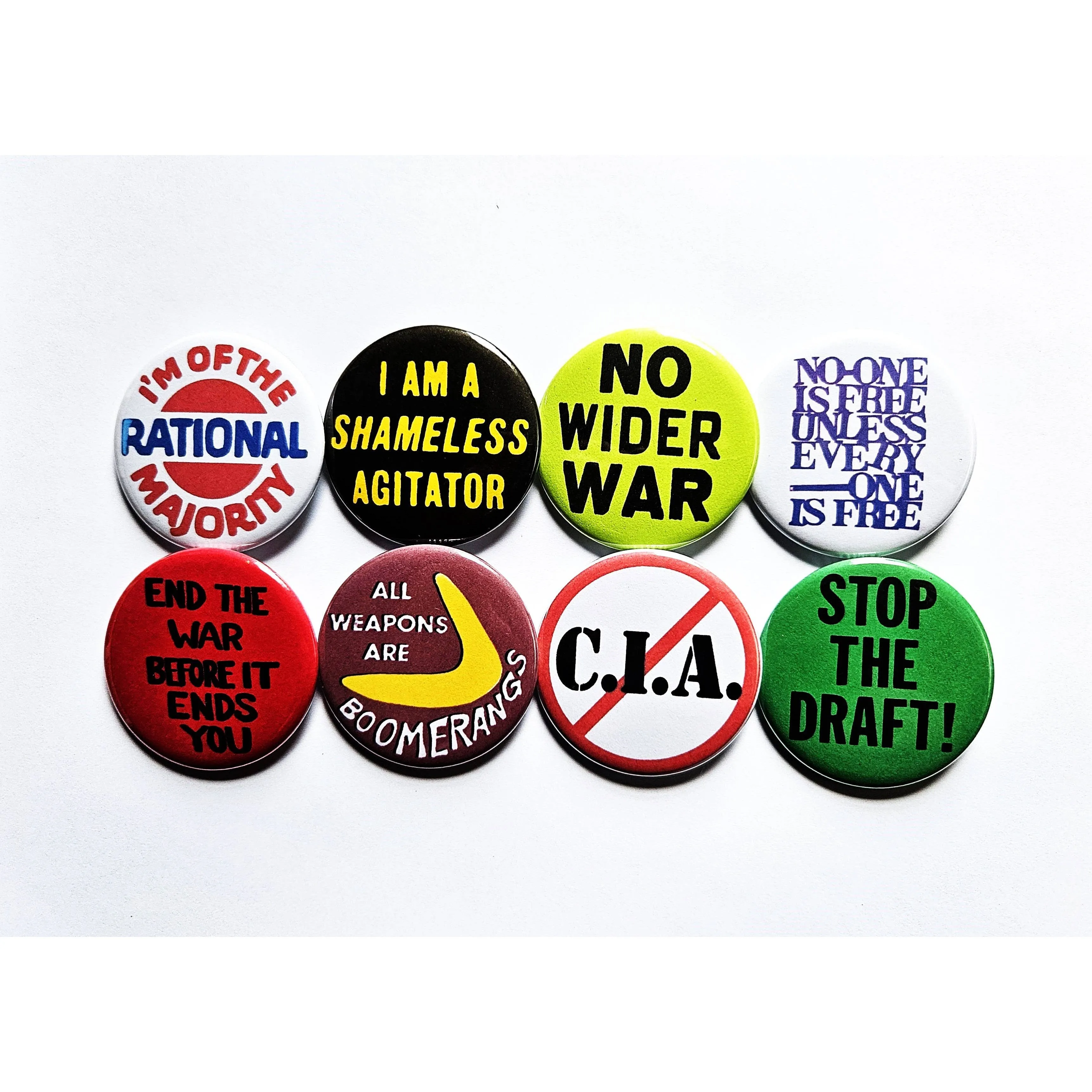 Vintage Reproduction All Weapons are Boomerangs Political Small Pinback Button | 1.25" Diameter '60 '70s '80s Retro Pin