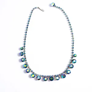 Vintage Unsigned Weiss Blue Green Peacock Aurora Borealis Rhinestone Necklace