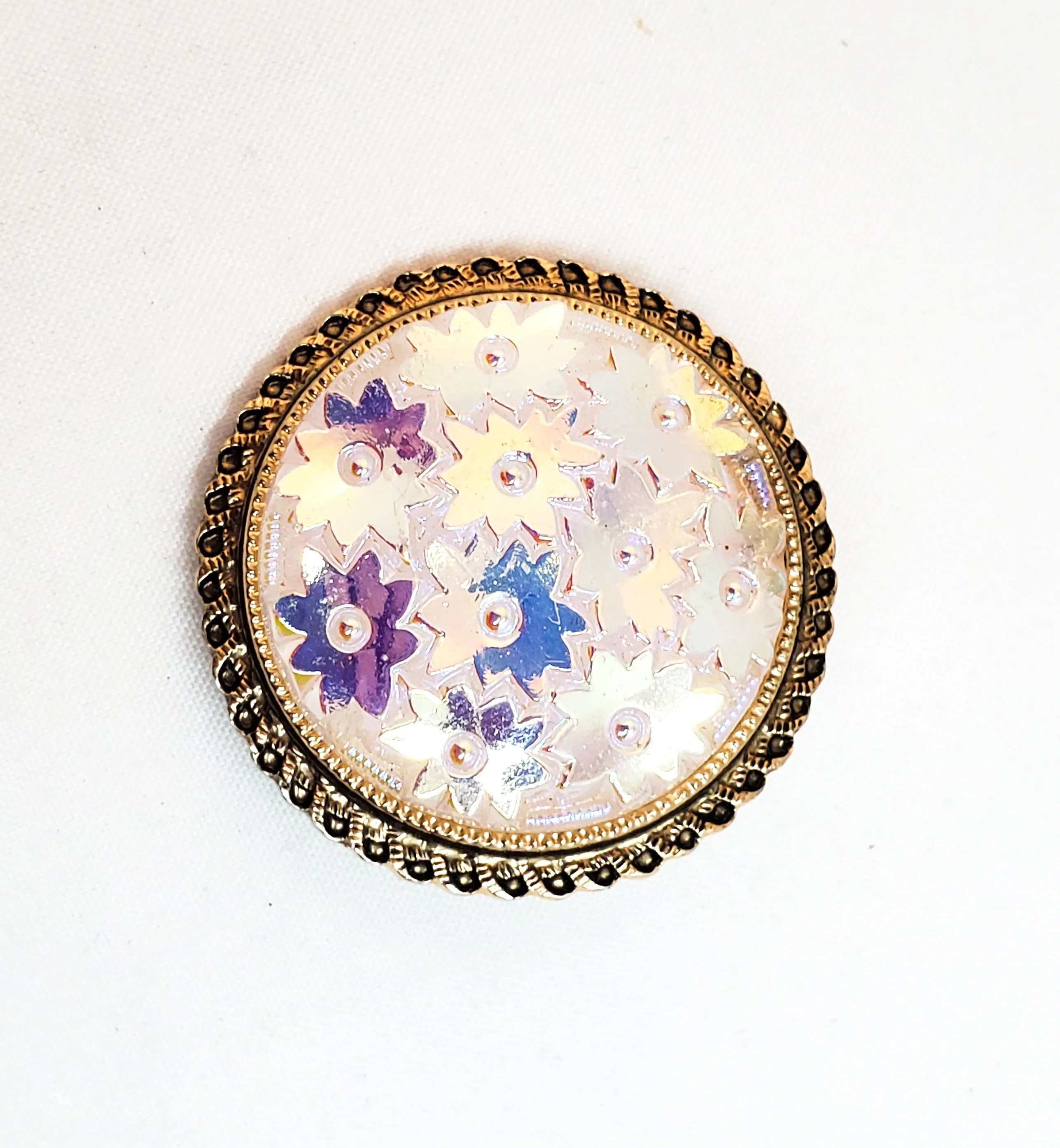 Western Germany Scarf clip Aurora Borealis molded glass flower vintage mid century rainbow